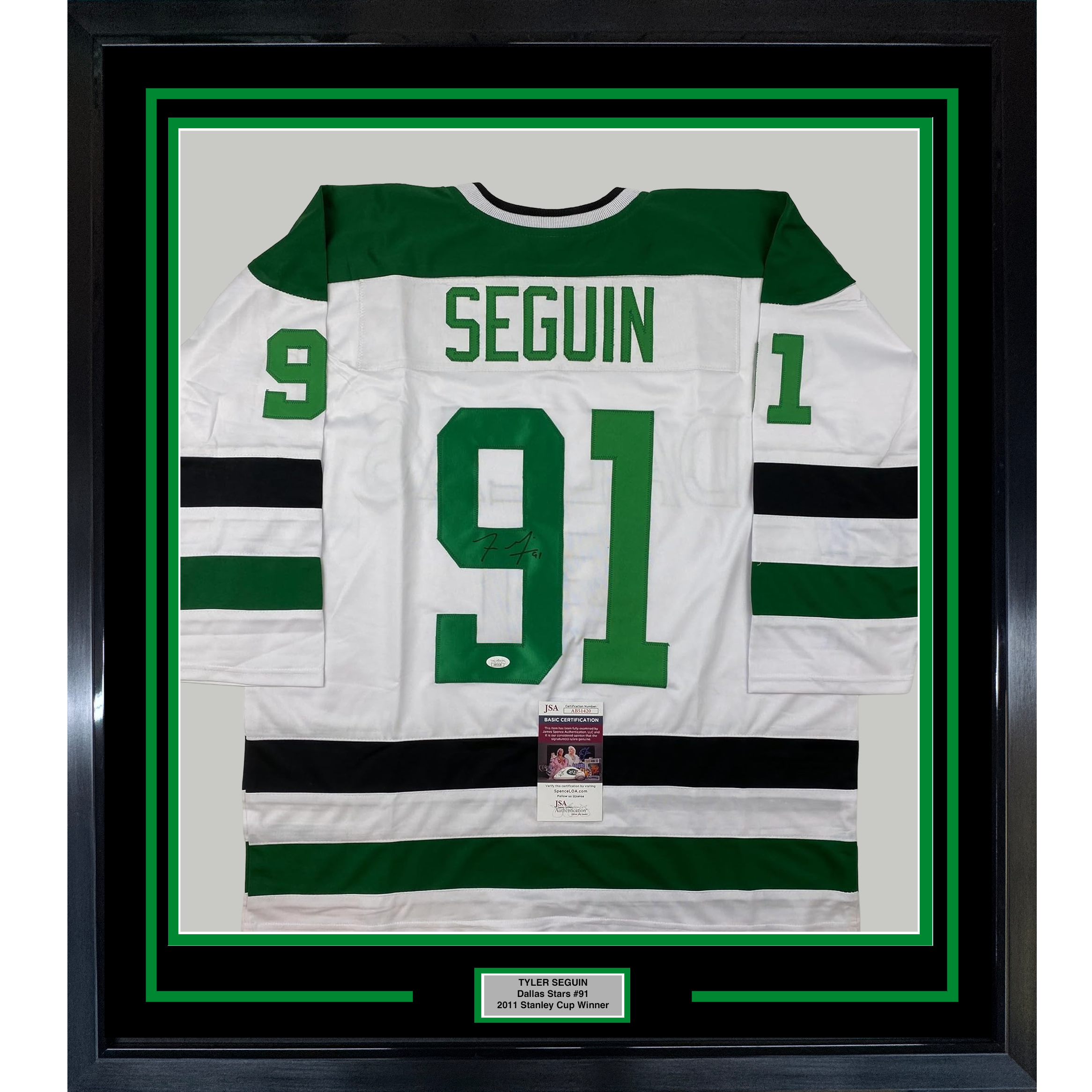 Framed Autographed/Signed Tyler Seguin 35x39 Dallas White Hockey Jersey JSA COA
