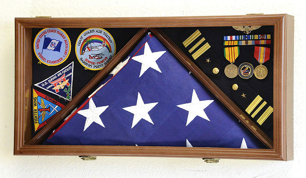 Large Flag & Medals Military Pins Patches Insignia Holds up to 5x9 Flag with Walnut Finish