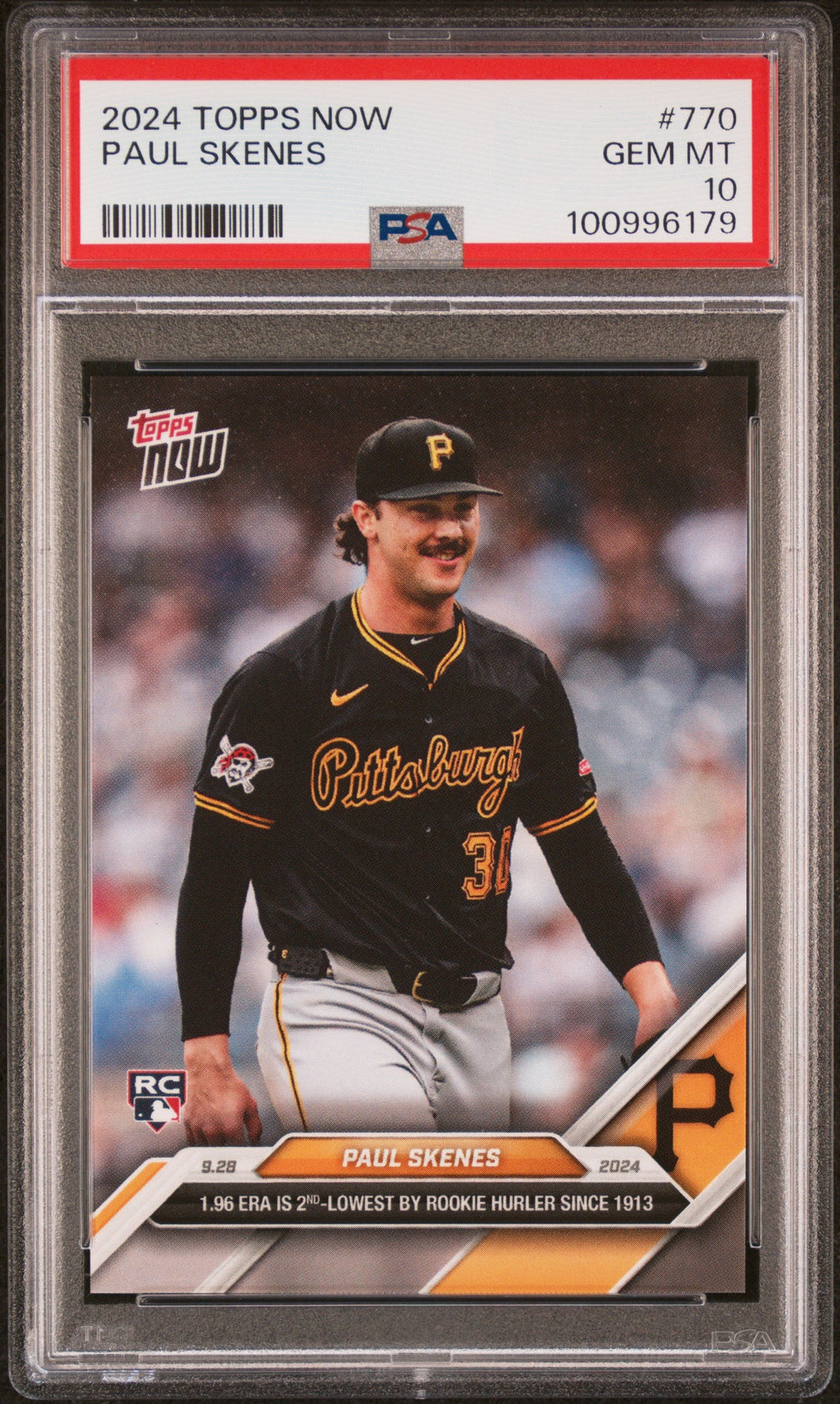 Graded 2024 Topps Now Paul Skenes #770 1.96ERA is 2nd Lowest By Rookie Hurler Since 1913 Rookie RC Baseball Card PSA 10 Gem Mint