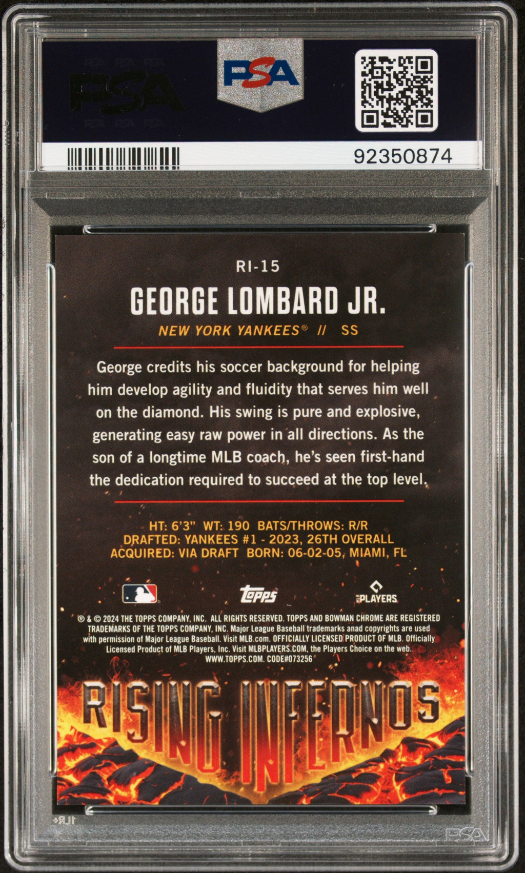 Graded 2024 Topps Bowman George Lombard Jr #RI15 Rising Infernos Green /99 Rookie RC Baseball Card PSA 10 Gem Mint