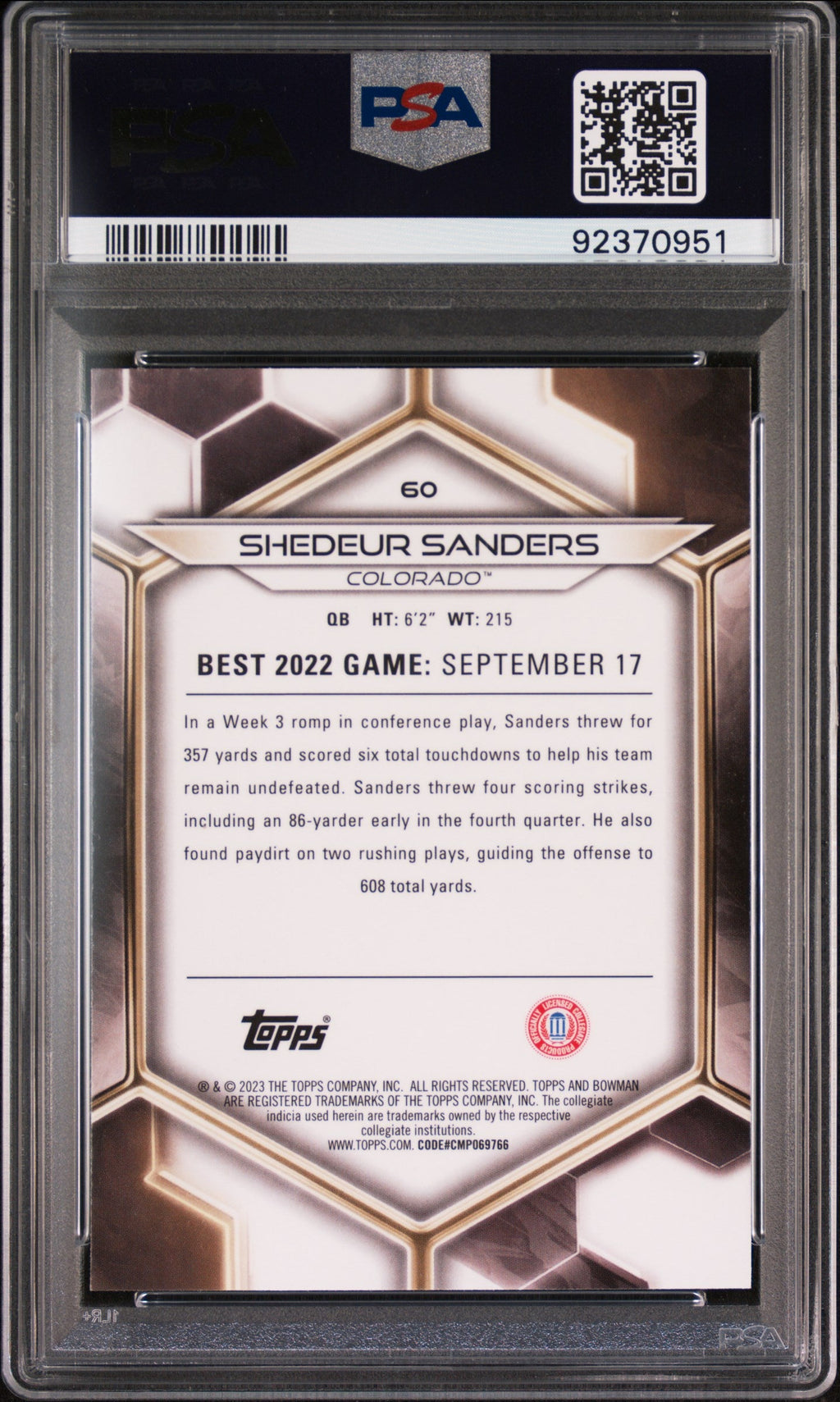 Graded 2023 Topps Bowman U Best Shedeur Sanders #60 Rookie RC Football Card PSA 10 Gem Mint