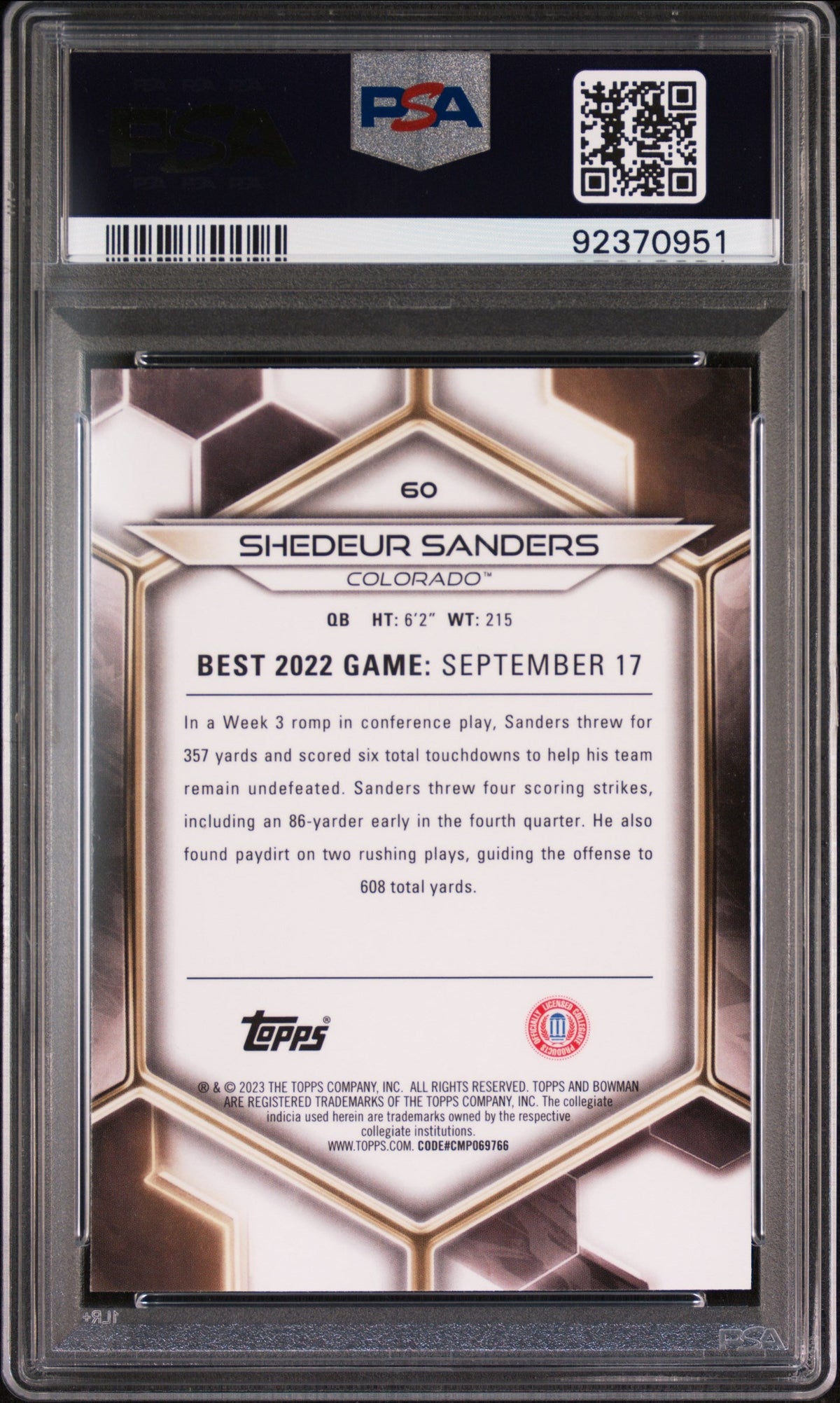 Graded 2023 Topps Bowman U Best Shedeur Sanders #60 Rookie RC Football Card PSA 10 Gem Mint