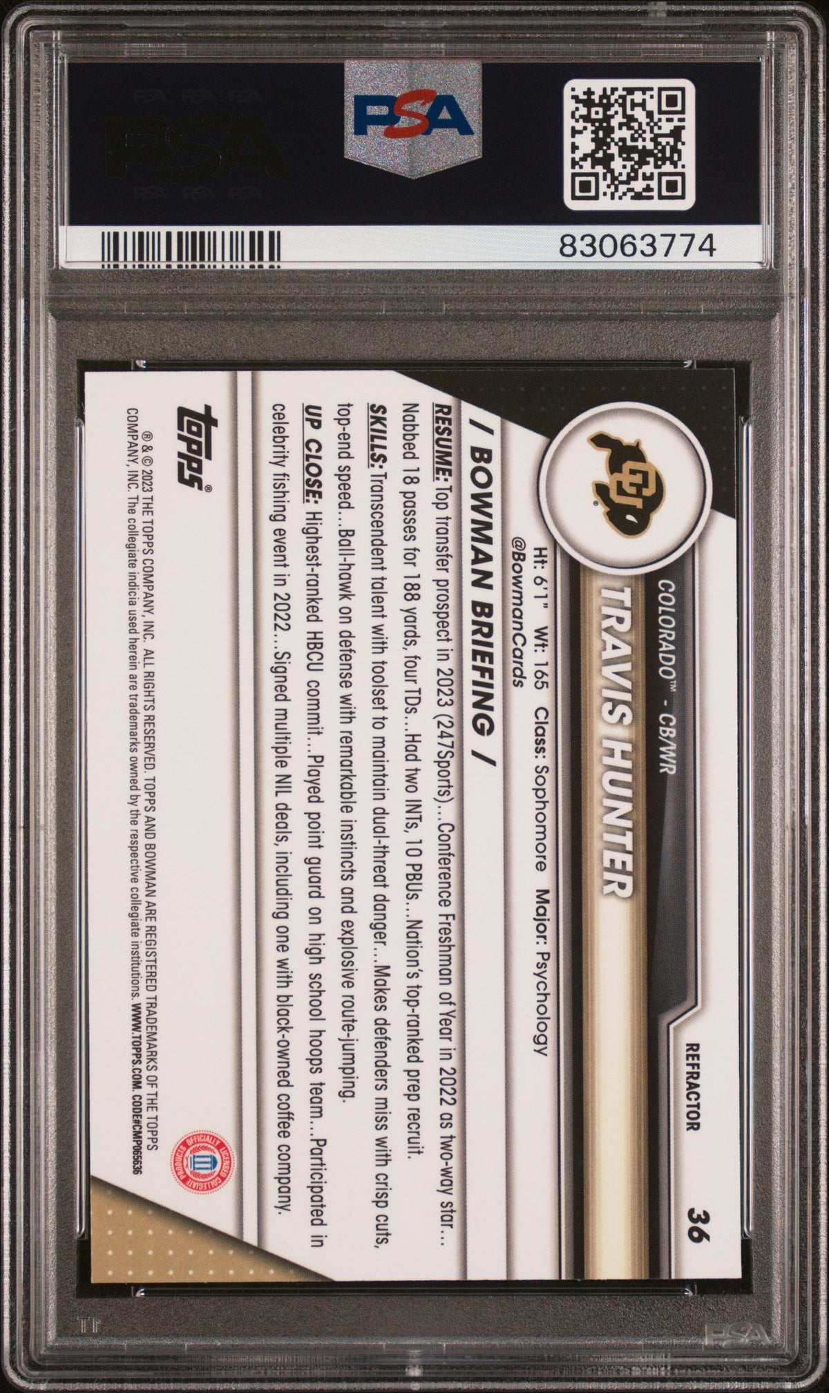 Graded 2023 Topps Bowman U Chrome Travis Hunter #36 Refractor Rookie RC Football Card PSA 10 Gem Mint