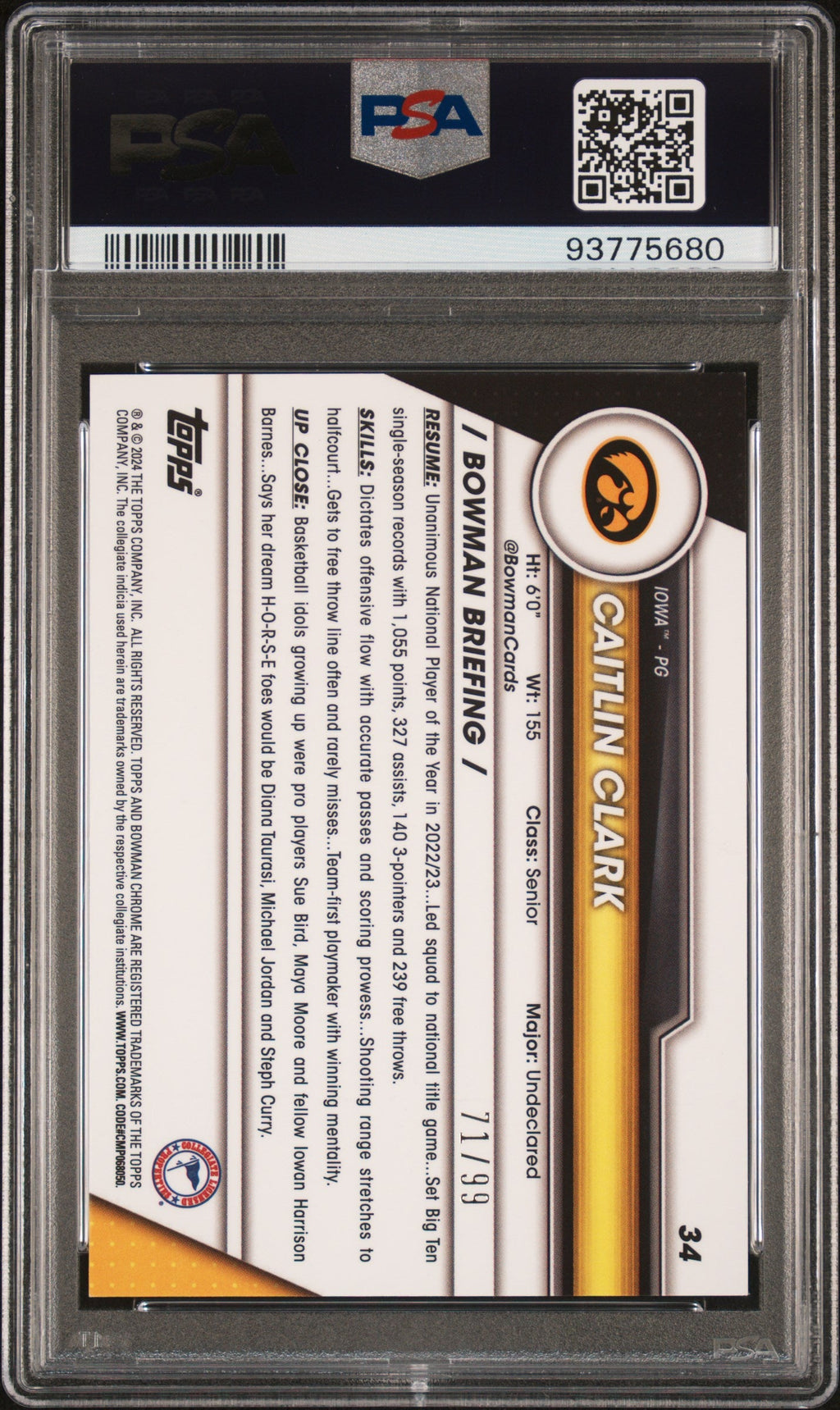 Graded 2023 Topps Bowman U Sapphire Caitlin Clark #34 Green #/99 Rookie RC Basketball Card PSA 10 Gem Mint
