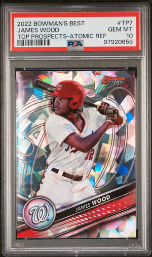 Graded 2022 Topps Bowmans Best James Wood #TP7 Top Prospects Atomic Refractor Rookie RC Baseball Card PSA 10 Gem Mint