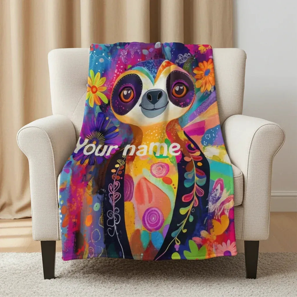 Customizable Sloth Blanket: Tropical Floral Art Flannel Throw