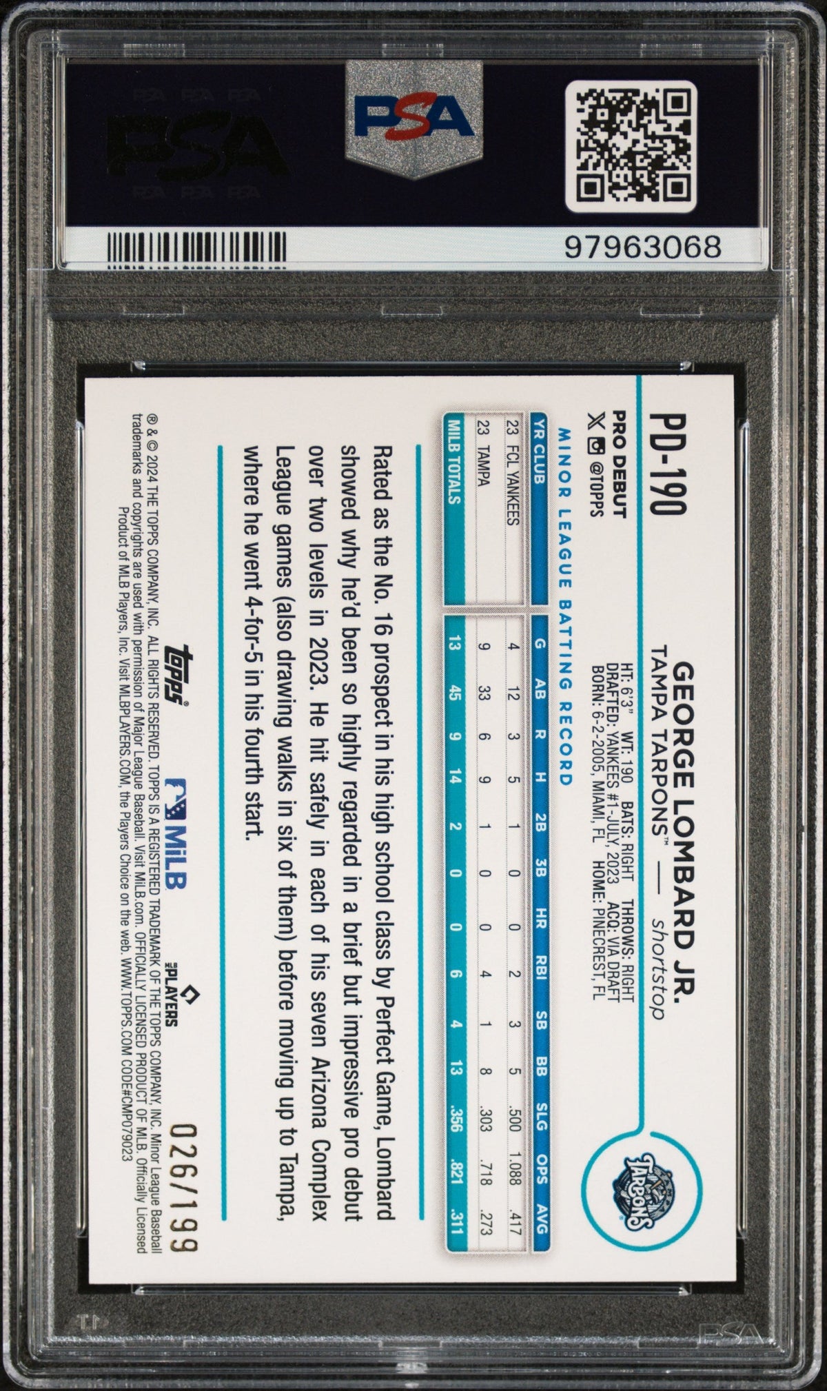 Graded 2024 Topps Pro Debut George Lombard Jr #PD190 Fuschia Foil /199 Rookie RC Baseball Card PSA 10 Gem Mint