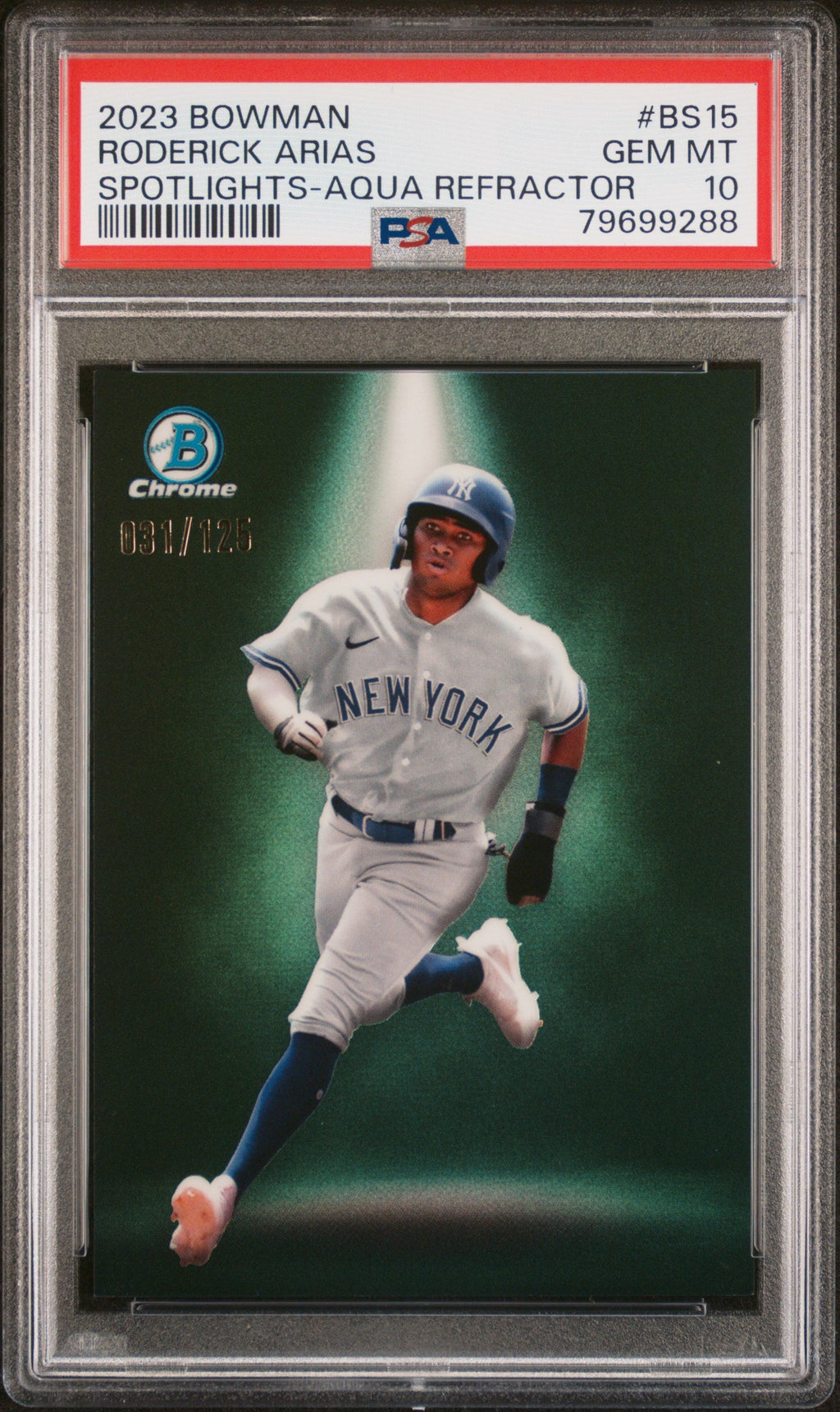 Graded 2023 Topps Bowman Roderick Arias #BS15 Spotlights Aqua Refractor /125 Rookie RC Baseball Card PSA 10 Gem Mint