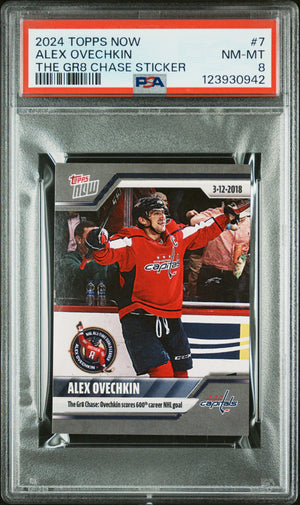Graded 2024 Topps Now Alex Ovechkin #7 The GR8 Chase Sticker Hockey Card PSA 8 Near Mint
