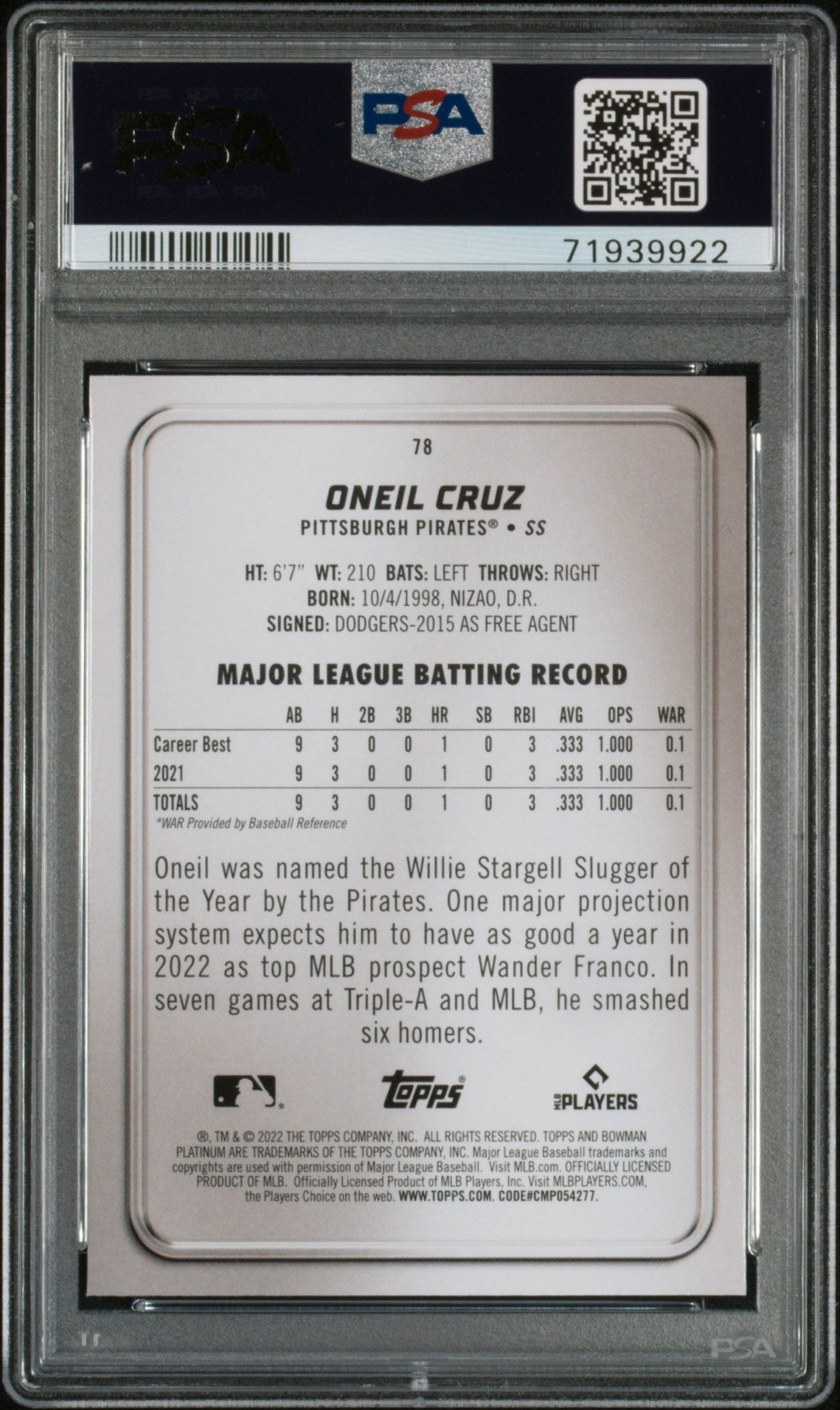 Graded 2022 Topps Bowman Platinum Oneil Cruz #78 Icy Foilboard Rookie RC Baseball Card PSA 10 Gem Mint