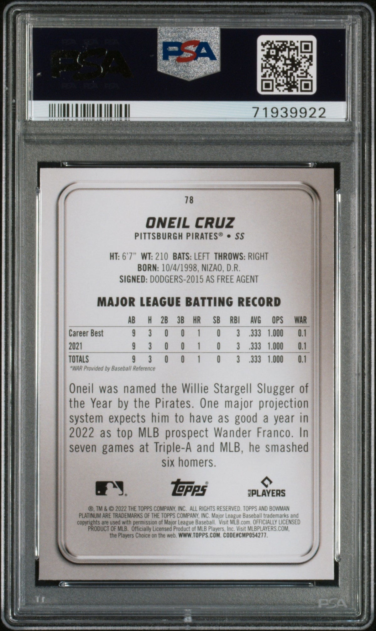 Graded 2022 Topps Bowman Platinum Oneil Cruz #78 Icy Foilboard Rookie RC Baseball Card PSA 10 Gem Mint