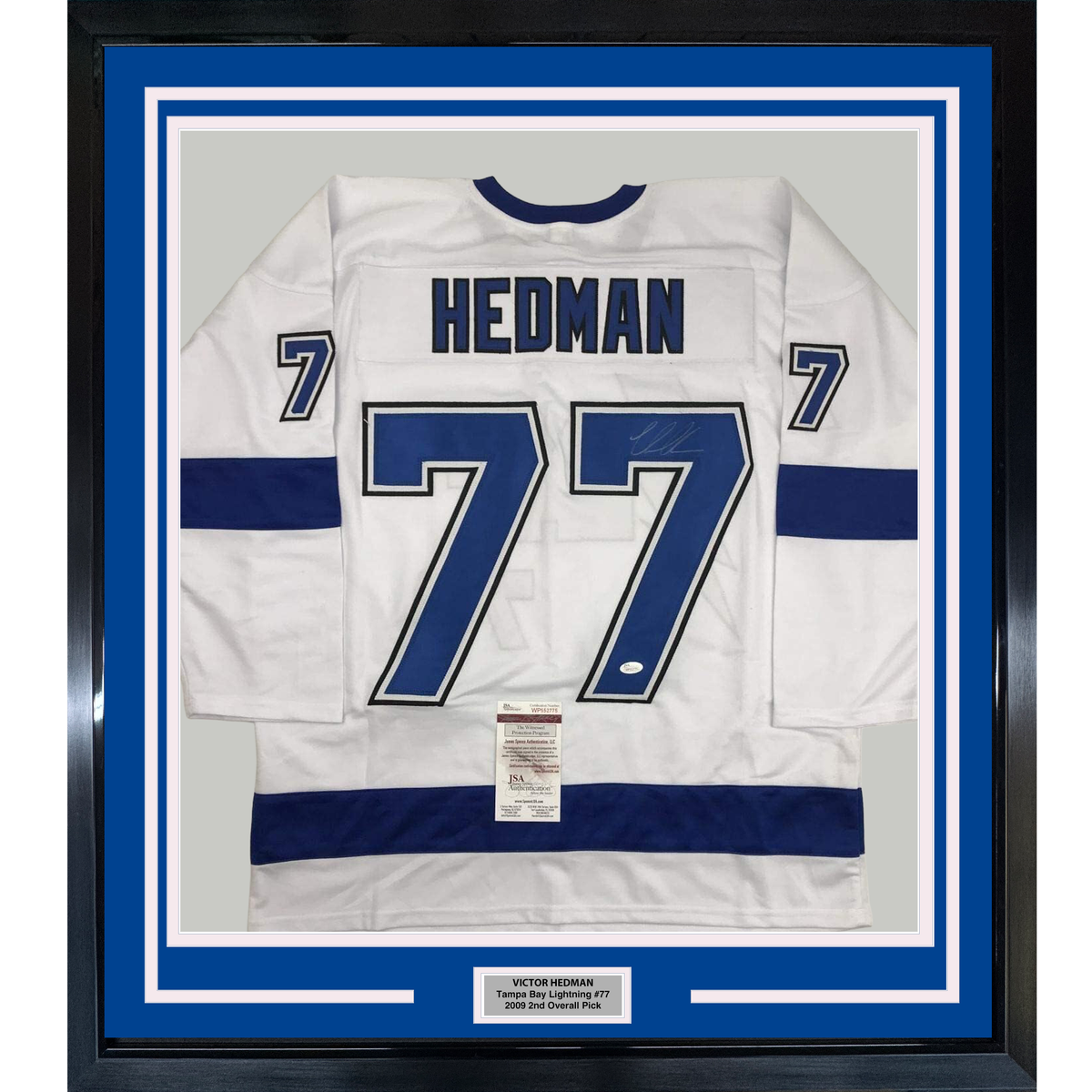Framed Autographed/Signed Victor Hedman 35x39 Tampa Bay White Hockey Jersey JSA COA