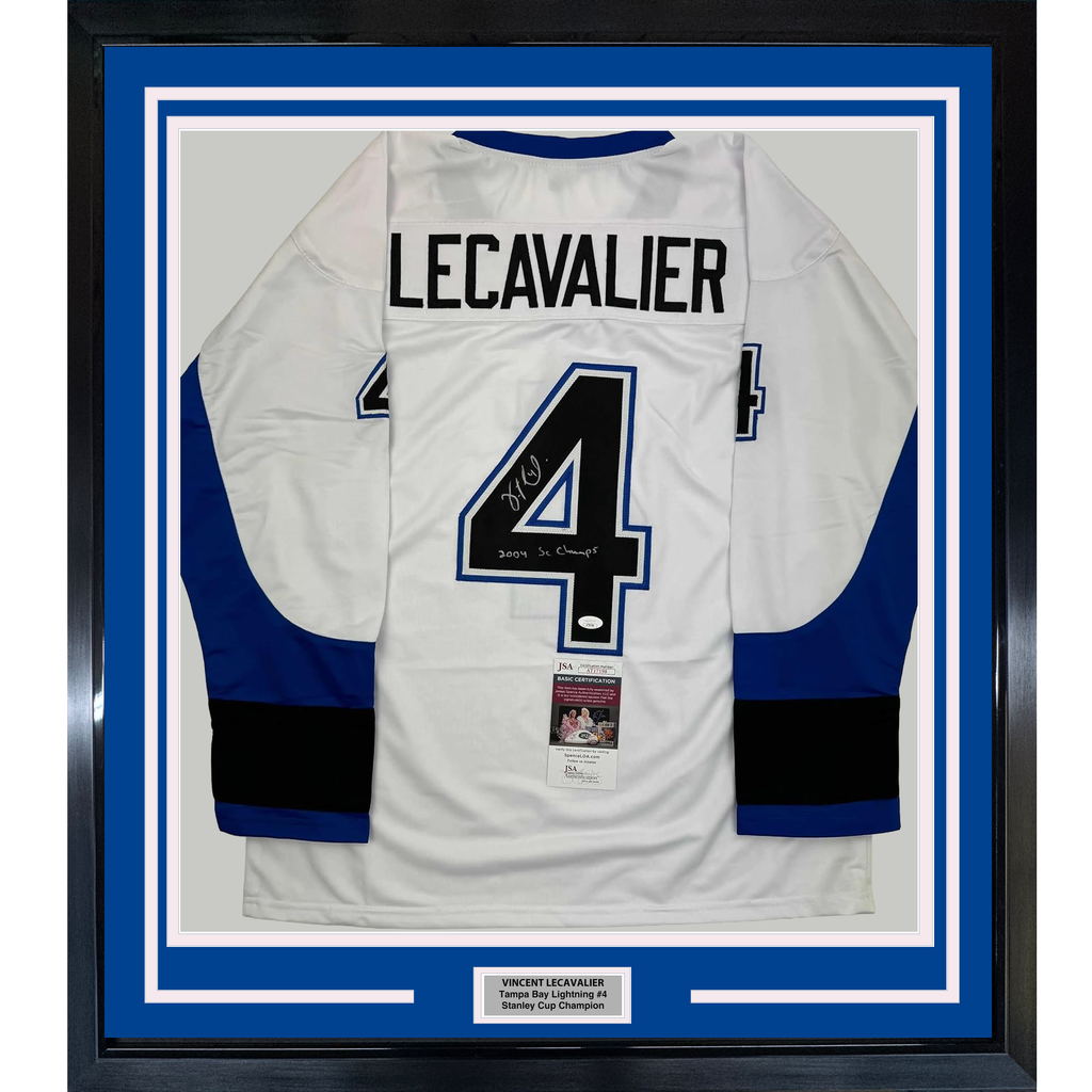 Framed Autographed/Signed Vincent Lecavalier 2004 SC Champs 35x39 Tampa Bay White Hockey Jersey JSA COA