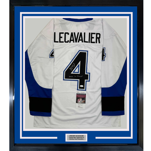 Framed Autographed/Signed Vincent Lecavalier 2004 SC Champs 35x39 Tampa Bay White Hockey Jersey JSA COA