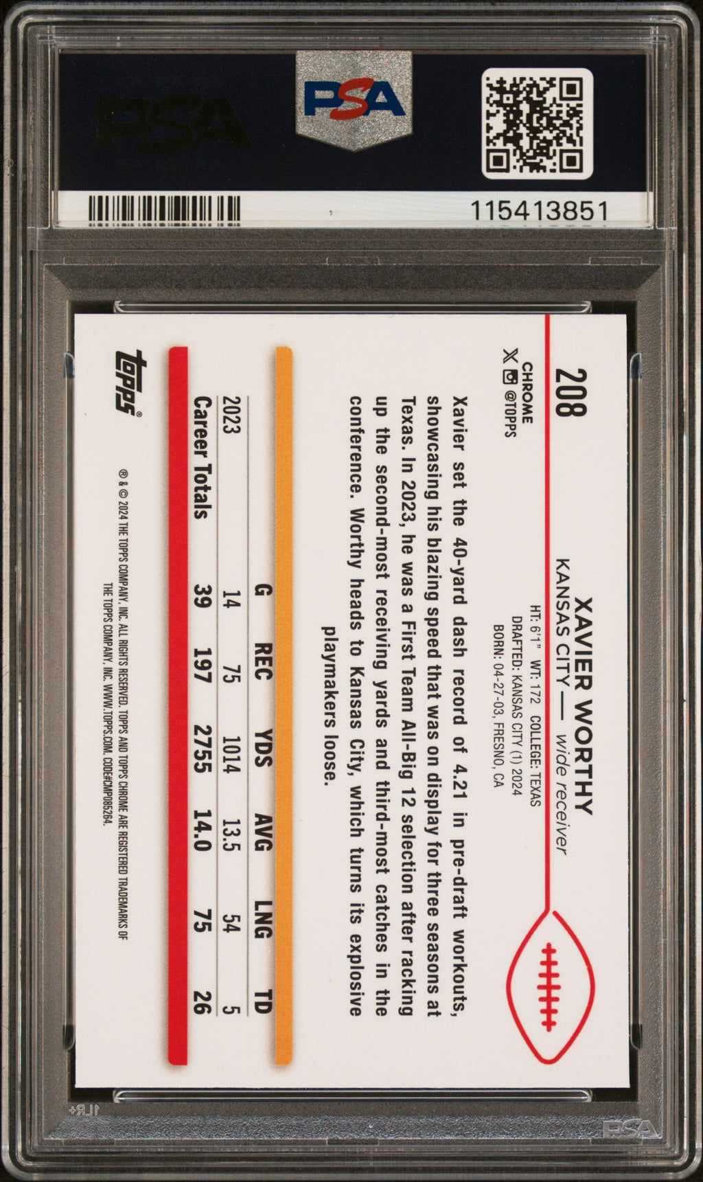 Graded 2024 Topps Chrome Xavier Worthy #208 Rookie RC Football Card PSA 10 Gem Mint