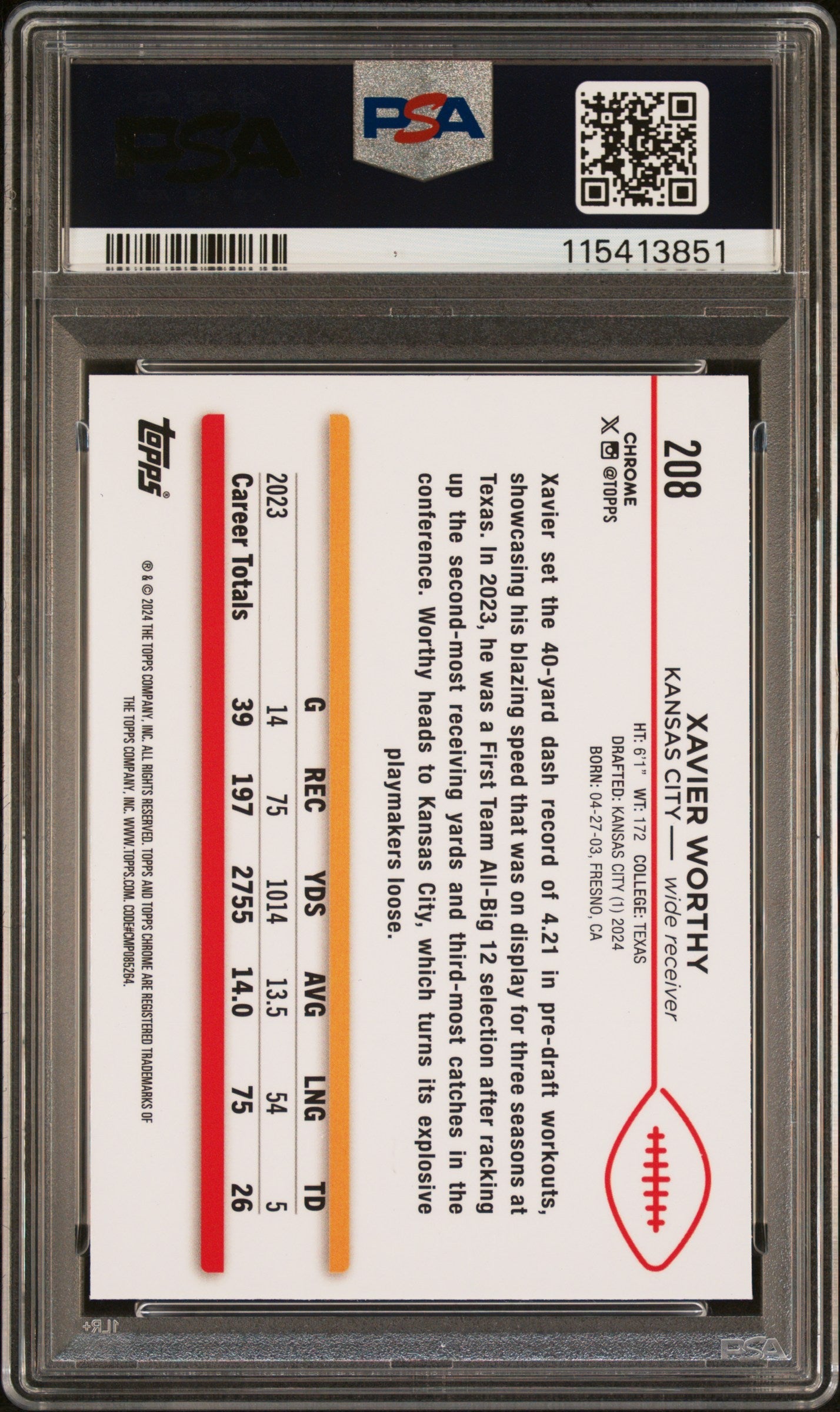 Graded 2024 Topps Chrome Xavier Worthy #208 Rookie RC Football Card PSA 10 Gem Mint
