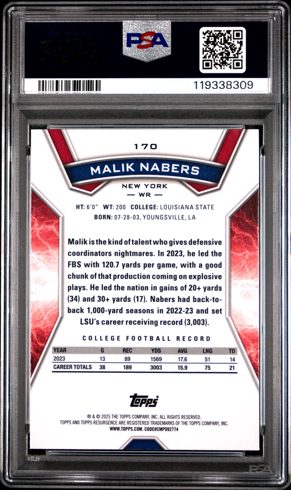 Graded 2024 Topps Resurgence Malik Nabers #170 Blue & Orange Spark Rookie RC Football Card PSA 10 Gem Mint