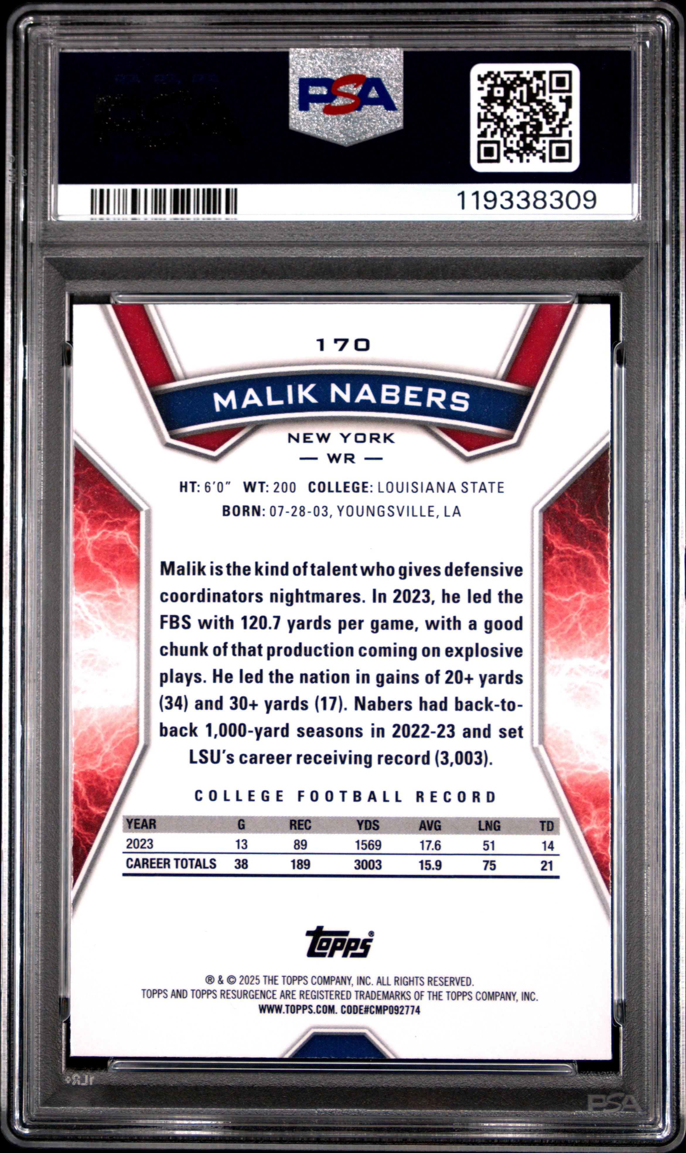 Graded 2024 Topps Resurgence Malik Nabers #170 Blue & Orange Spark Rookie RC Football Card PSA 10 Gem Mint