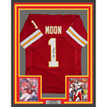 Framed Autographed/Signed Warren Moon 35x39 HOF 06 Kansas City Red Football Jersey JSA COA