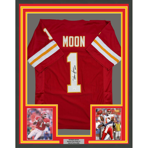 Framed Autographed/Signed Warren Moon 35x39 HOF 06 Kansas City Red Football Jersey JSA COA