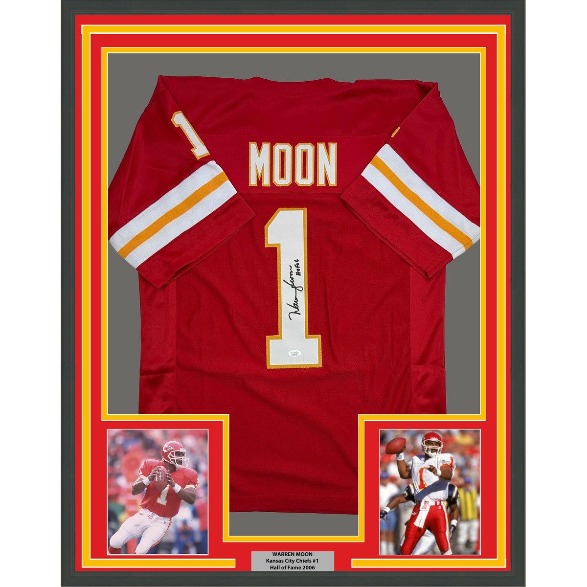 Framed Autographed/Signed Warren Moon 35x39 HOF 06 Kansas City Red Football Jersey JSA COA