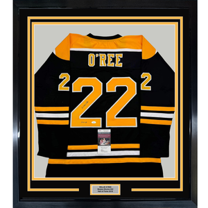 Framed Autographed/Signed Willie O'Ree "HOF 2018" 35x39 Boston Black Hockey Jersey JSA COA