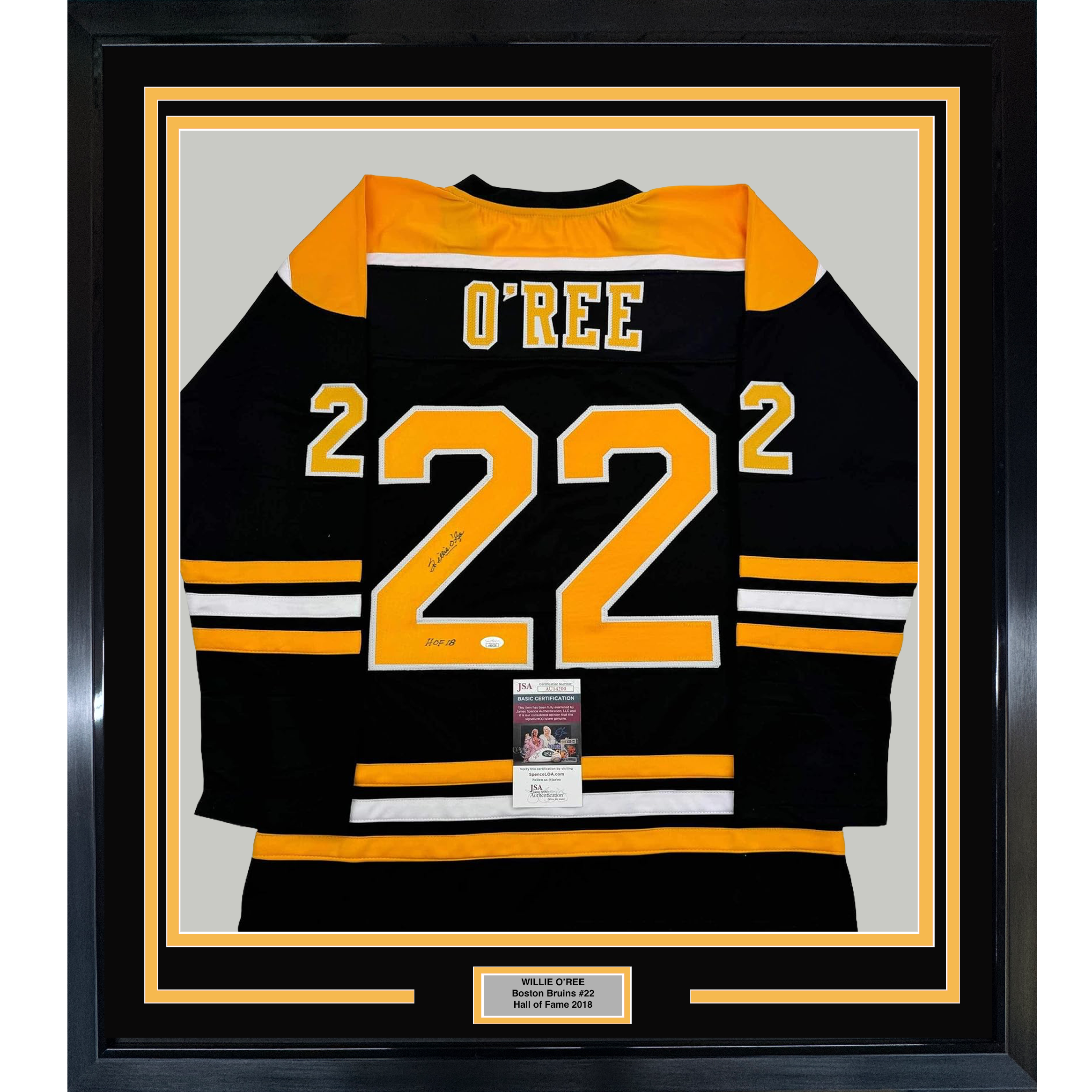 Framed Autographed/Signed Willie O'Ree "HOF 2018" 35x39 Boston Black Hockey Jersey JSA COA