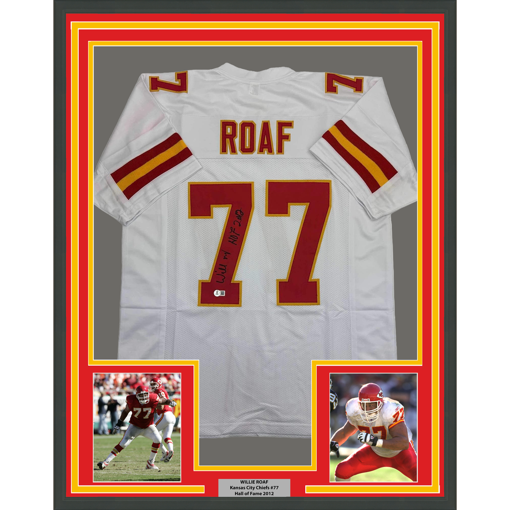 Framed Autographed/Signed Willie Roaf 35x39 HOF 2012 Kansas City White Football Jersey Beckett BAS COA