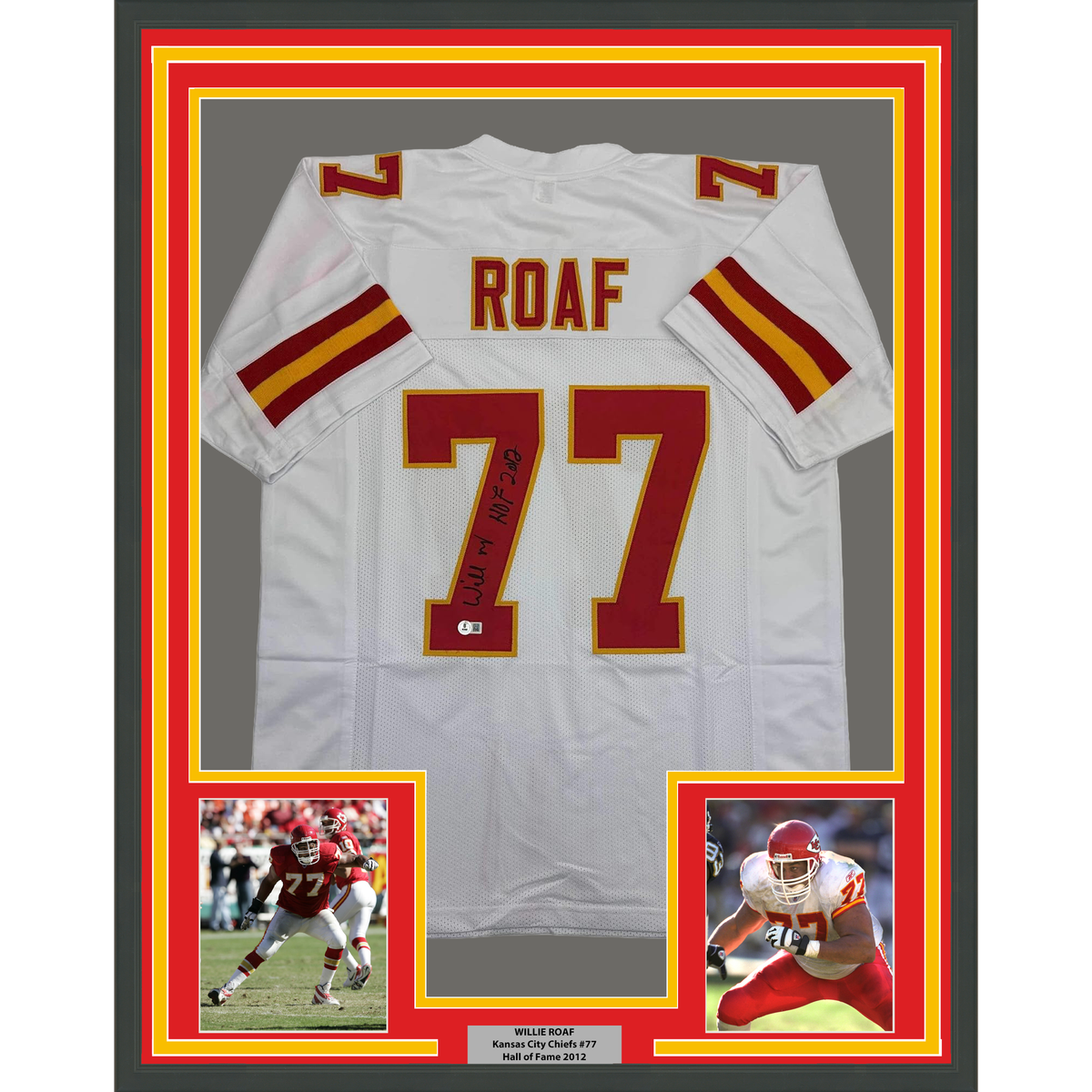 Framed Autographed/Signed Willie Roaf 35x39 HOF 2012 Kansas City White Football Jersey Beckett BAS COA
