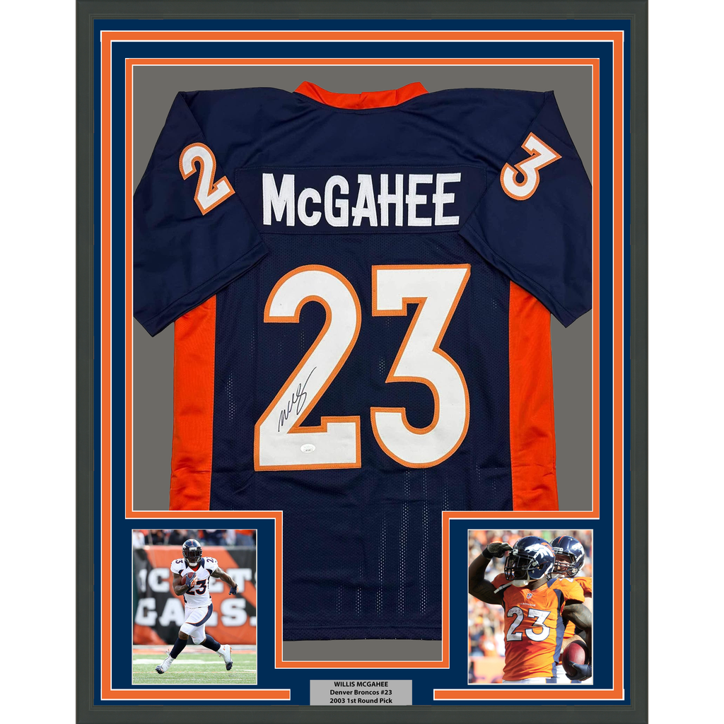 Framed Autographed/Signed Willis McGahee 35x39 Denver Blue Football Jersey JSA COA
