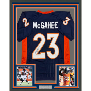 Framed Autographed/Signed Willis McGahee 35x39 Denver Blue Football Jersey JSA COA
