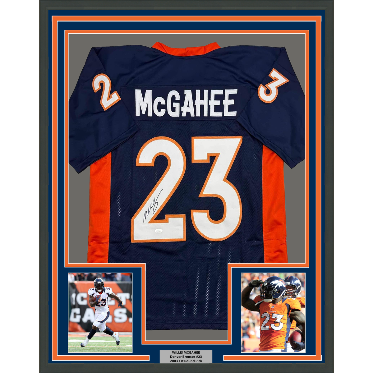 Framed Autographed/Signed Willis McGahee 35x39 Denver Blue Football Jersey JSA COA