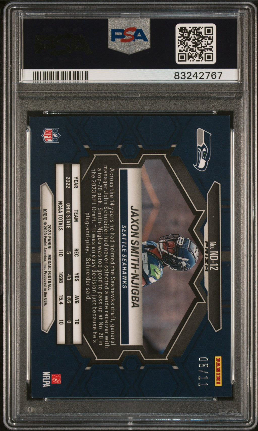 Graded 2023 Panini Mosaic Jaxon Smith-Njigba #ND12 Green Swirl Rookie RC Football Card PSA 10 Gem Mint