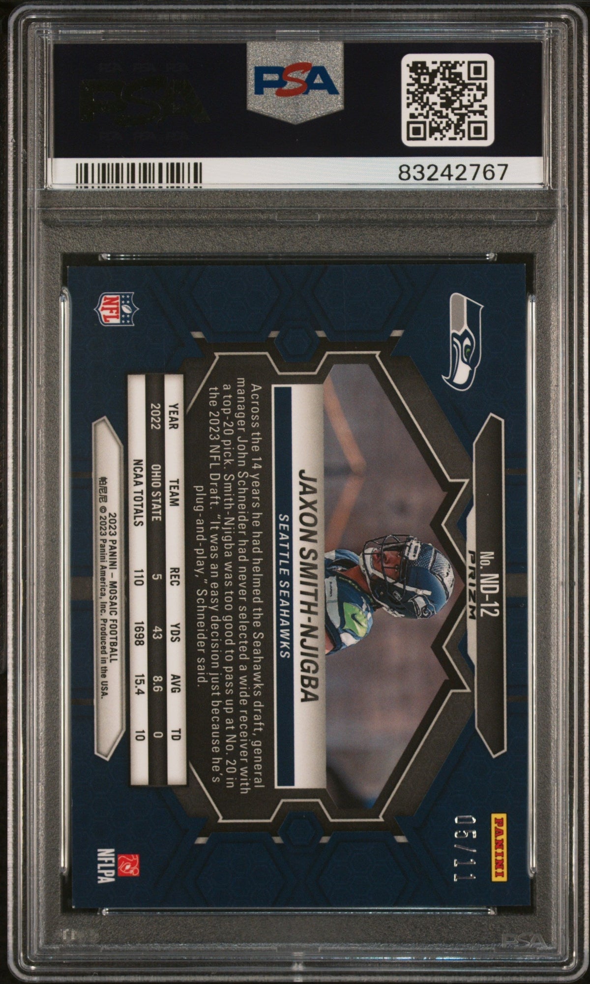 Graded 2023 Panini Mosaic Jaxon Smith-Njigba #ND12 Green Swirl Rookie RC Football Card PSA 10 Gem Mint