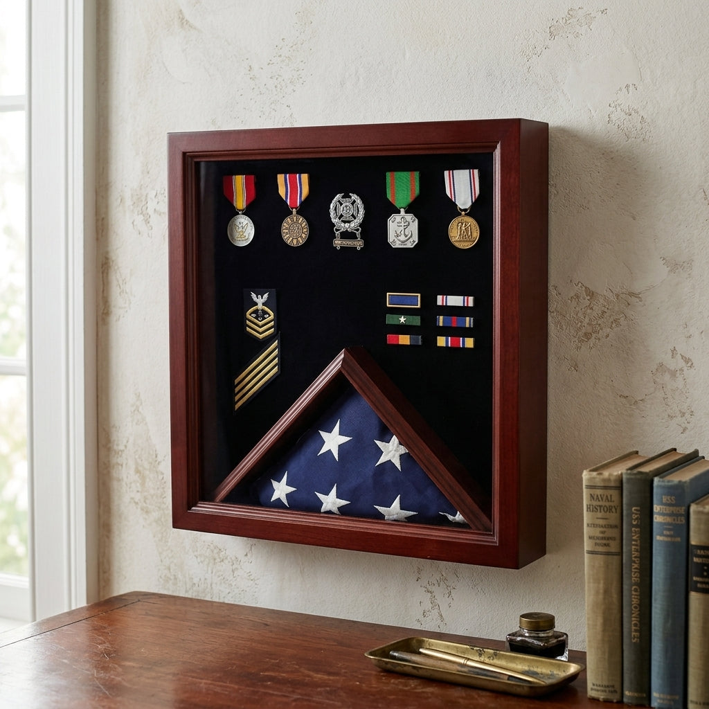 Flag Medal Display Case, Wood Military Flag Medal Shadow Boxes - Fit 3' x 5' flag.