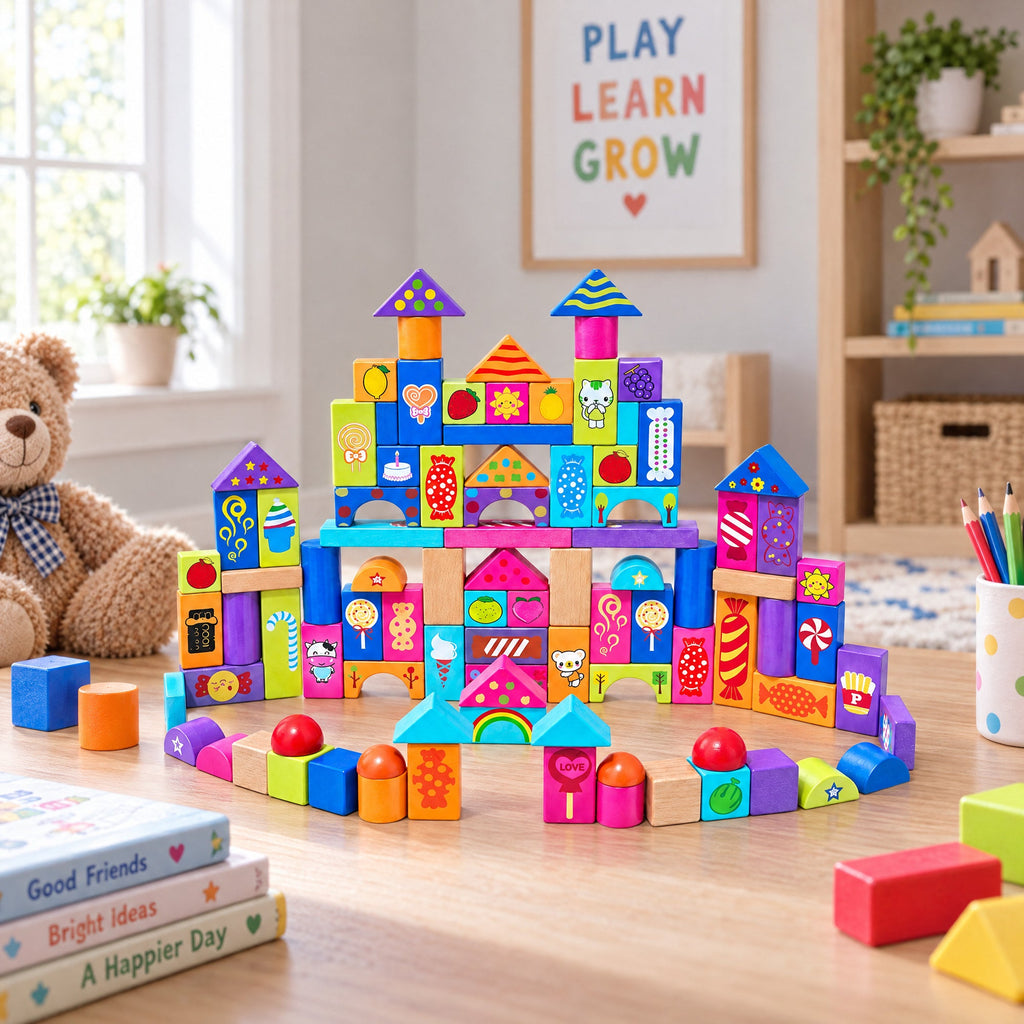 Set of 90 Colorful Wooden Building Blocks Educational Stacking Toy Castle