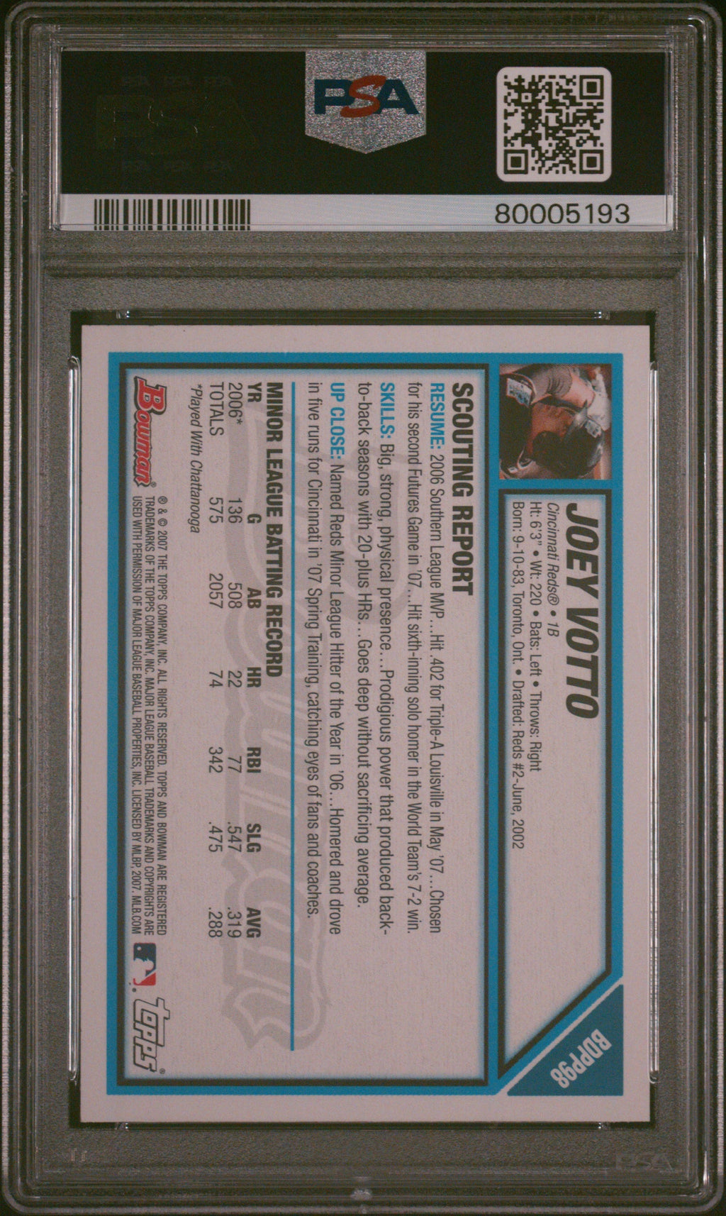 Graded 2007 Topps Bowman Joey Votto #BDPP98 Draft Picks & Prospects Rookie RC Baseball Card PSA 10 Gem Mint