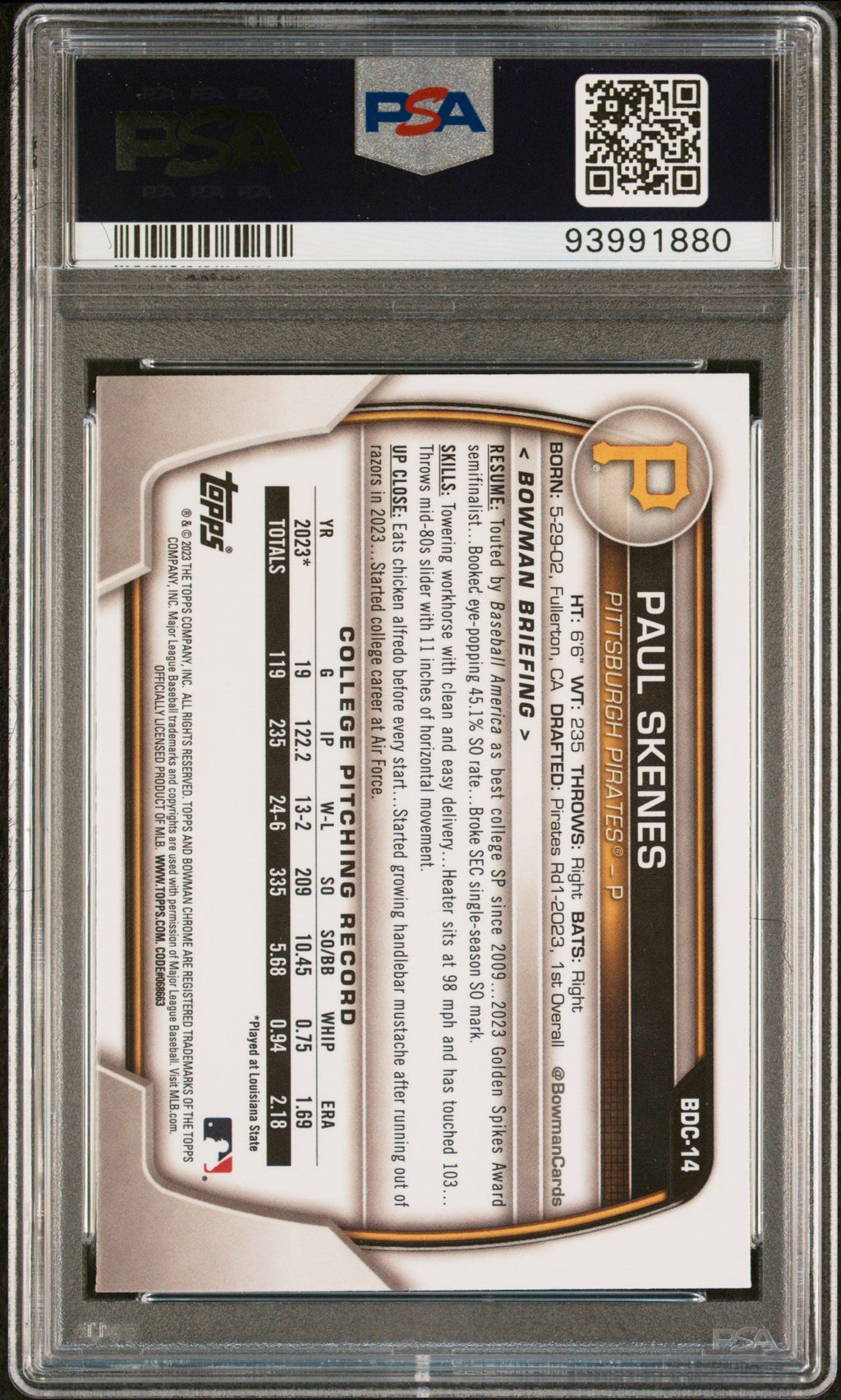 Graded 2023 Topps Bowman Draft Paul Skenes #BDC14 Chrome Rookie RC Baseball Card PSA 8 Near Mint