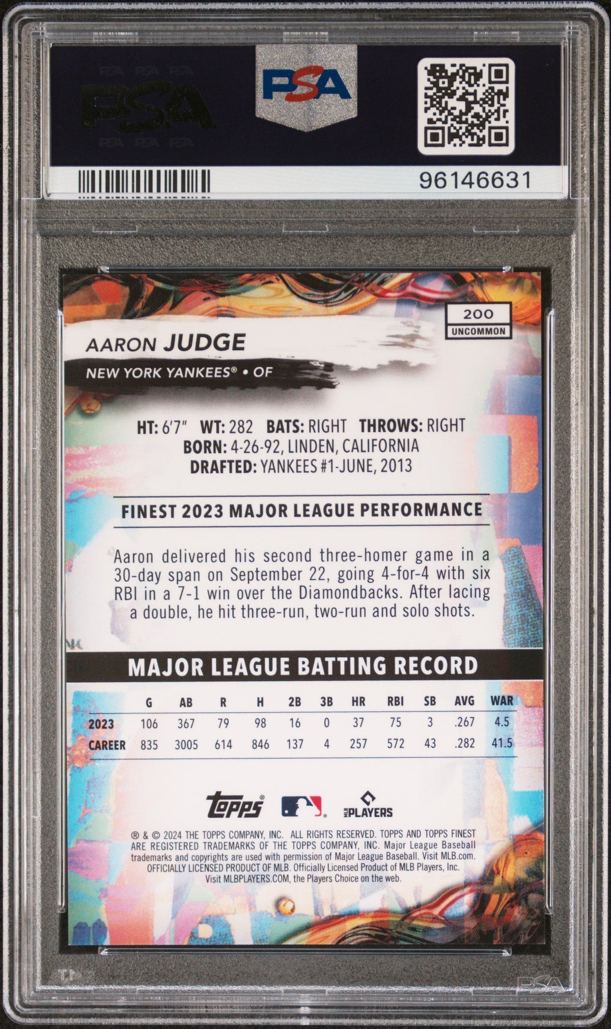 Graded 2024 Topps Finest Aaron Judge #200 Purple Refractor /200 Baseball Card PSA 10 Gem Mint
