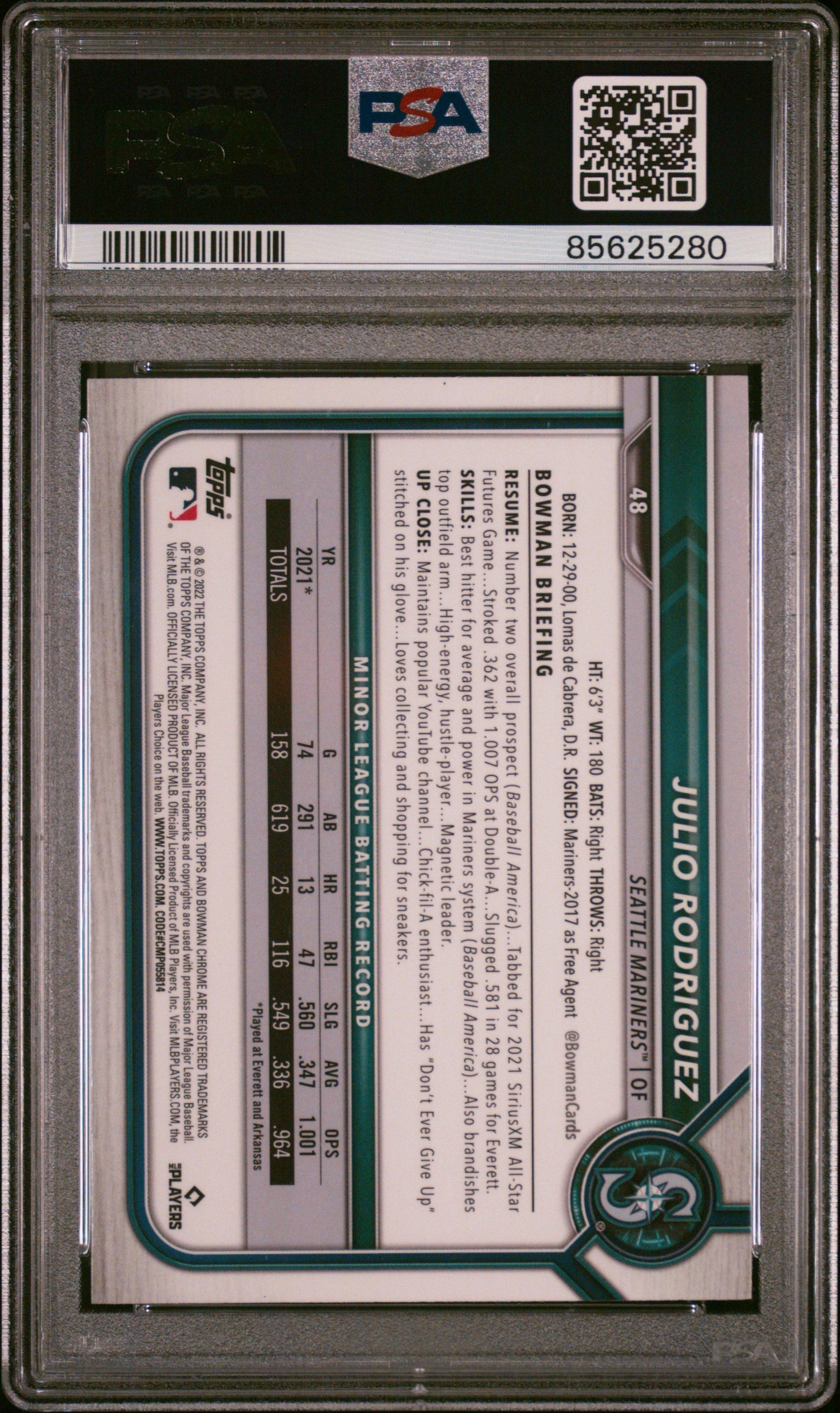 Graded 2022 Topps Bowman Chrome Julio Rodriguez #48 Rookie RC Baseball Card PSA 9 Mint
