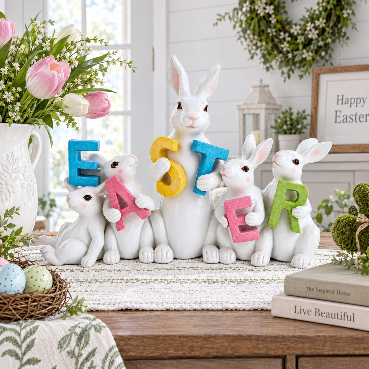 Wooden-Style Easter Bunny Figurine - 8.7" Tall Spring Letter Mantel Decor