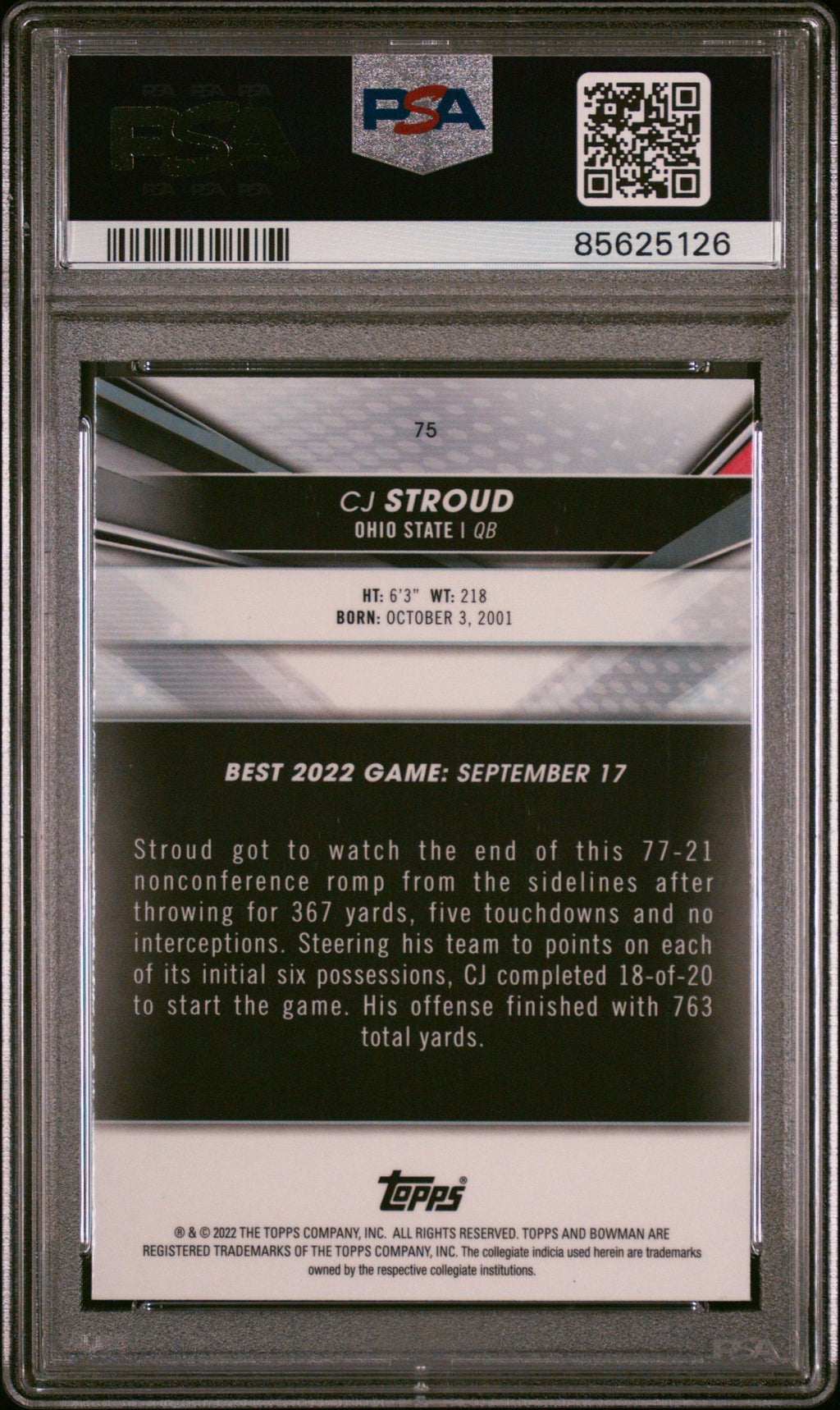 Graded 2022 Topps Bowman Best University CJ Stroud #75 Rookie RC Football Card PSA 9 Mint