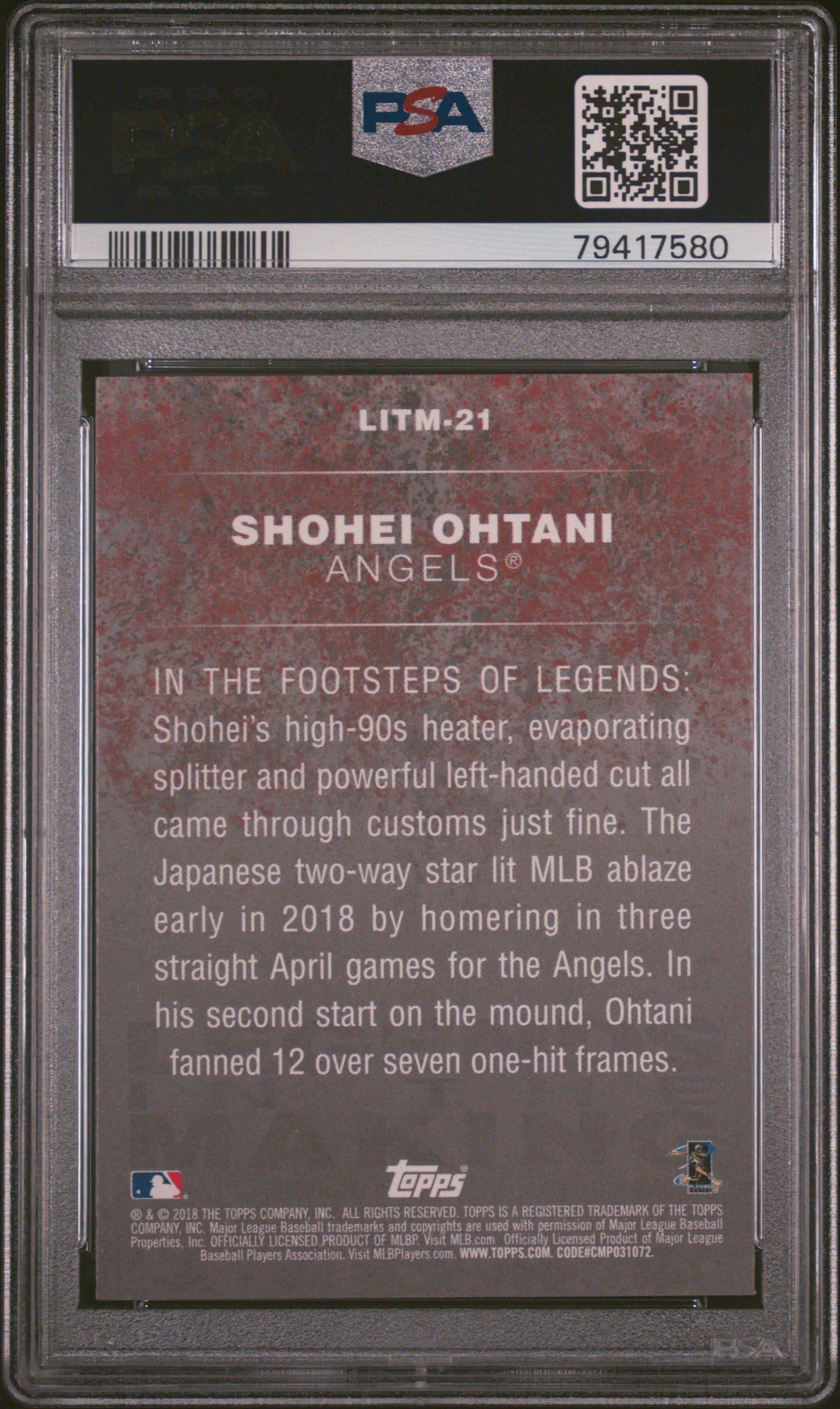 Graded 2018 Topps Update Shohei Ohtani #LITM21 Legends In The Making Rookie RC Baseball Card PSA 10 Gem Mint
