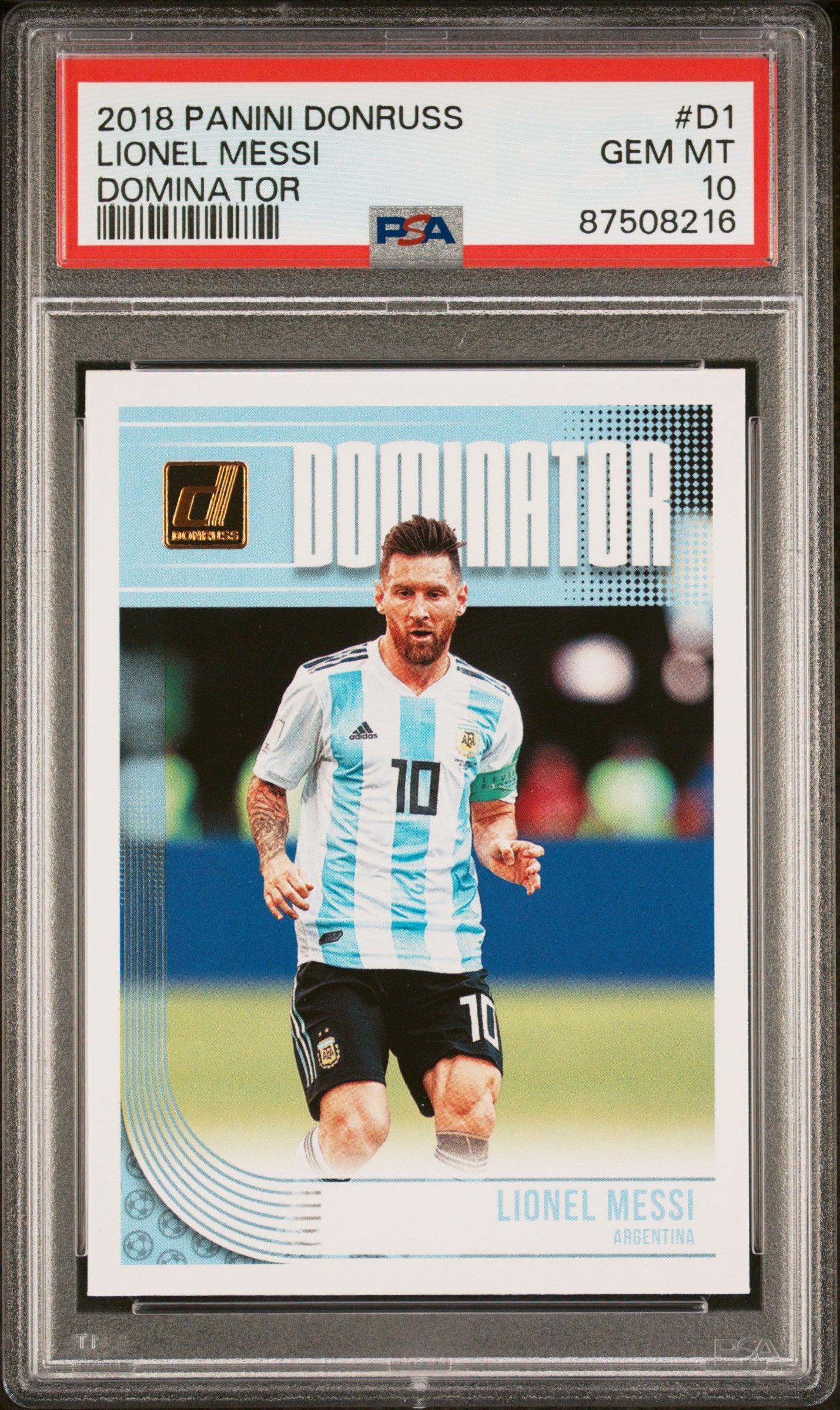 Graded 2018 Panini Donruss Lionel Messi #D1 Dominator Soccer Card PSA 10 Gem Mint