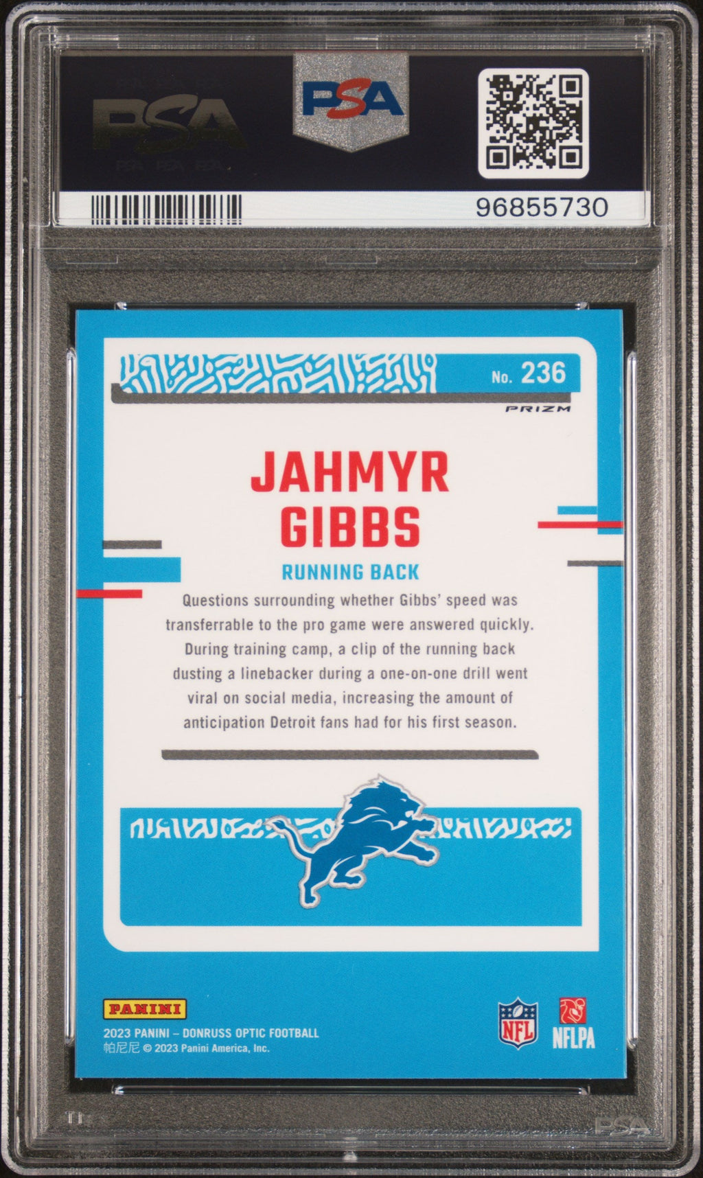 Graded 2023 Panini Donruss Optic Jahmyr Gibbs #236 Green Velocity Rookie RC Football Card PSA 10 Gem Mint