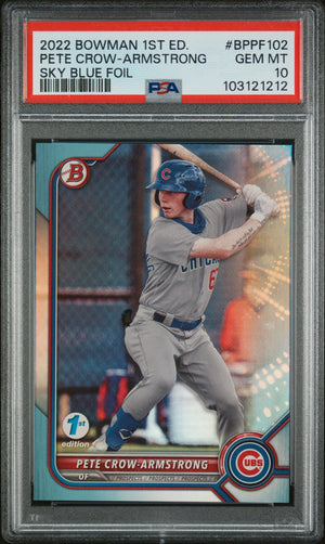 Graded 2022 Topps Bowman 1st Edition Pete Crow Armstrong #BPPF102 Sky Blue Foil Rookie RC Baseball Card PSA 10 Gem Mint
