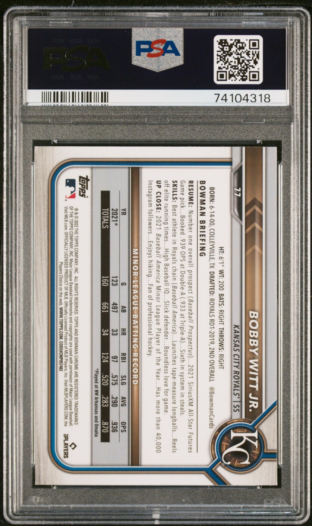 Graded 2022 Topps Bowman Chrome Sapphire Edition Bobby Witt Jr. #77 Rookie RC Baseball Card PSA 10 Gem Mint