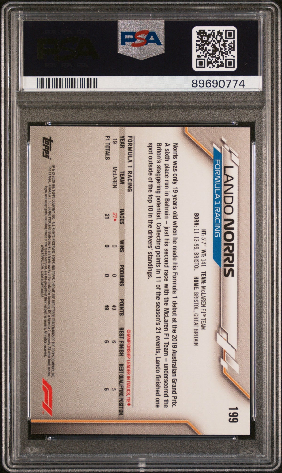 Graded 2020 Topps Chrome Formula 1 Lando Norris #199 Rookie RC F1 Racing Card PSA 10 Gem Mint