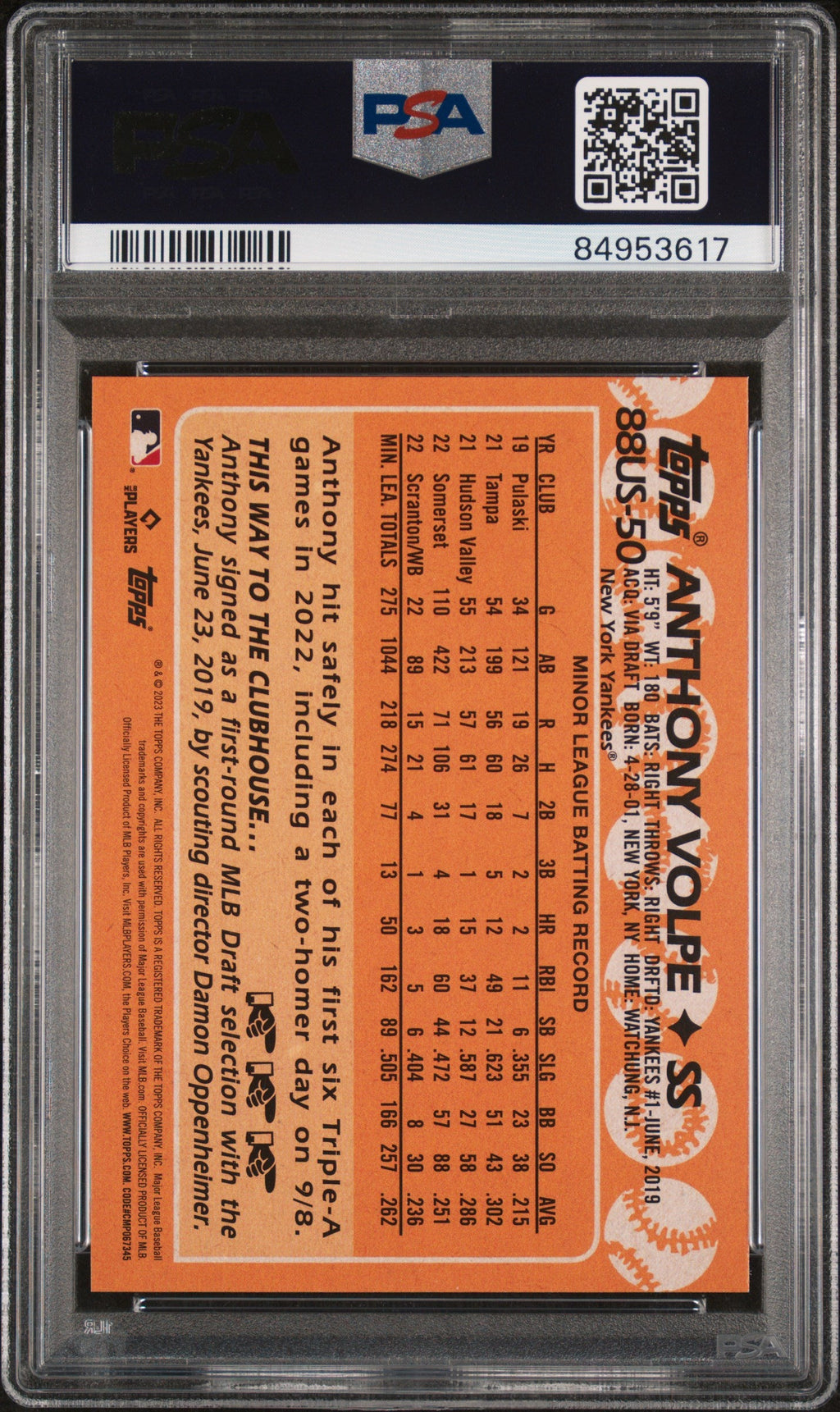 Graded 2023 Topps Update Anthony Volpe #88US50 1988 Topps Rookie RC Baseball Card PSA 10 Gem Mint