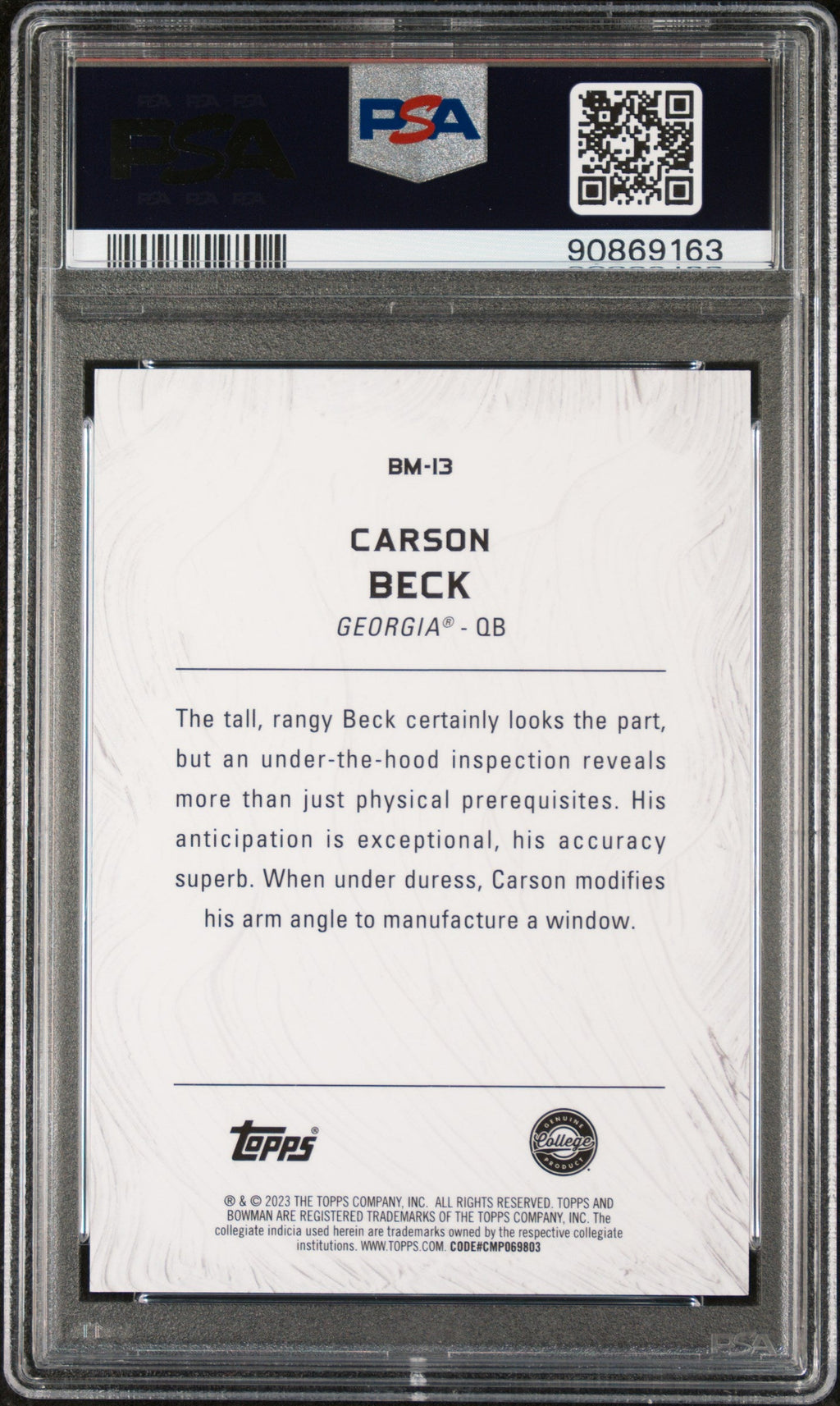 Graded 2023 Topps Bowman U Best Carson Beck #BM13 Masterpieces Geometric Rookie RC Football Card PSA 10 Gem Mint